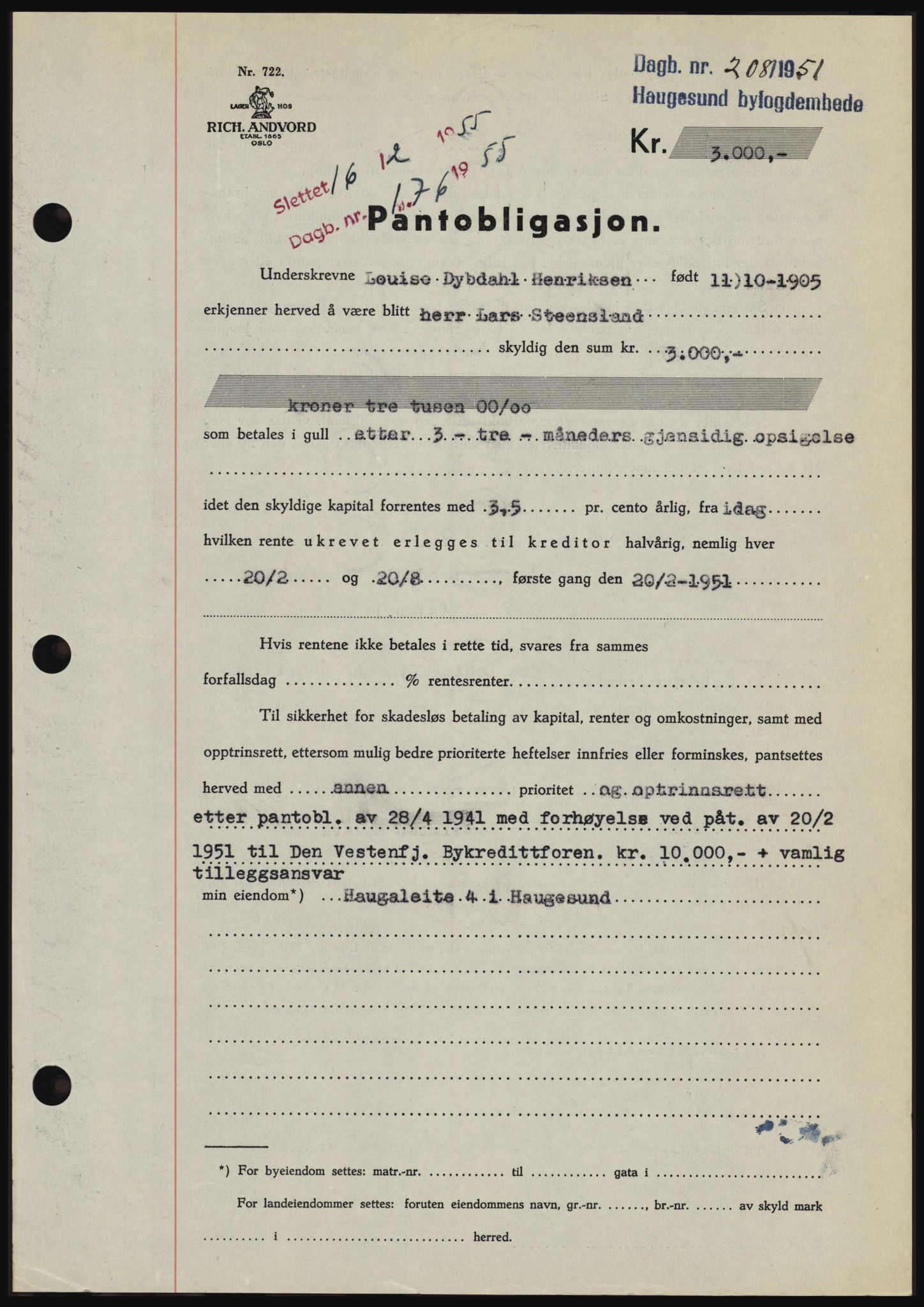 Haugesund tingrett, AV/SAST-A-101415/01/II/IIC/L0038: Mortgage book no. B 38, 1950-1951, Diary no: : 208/1951