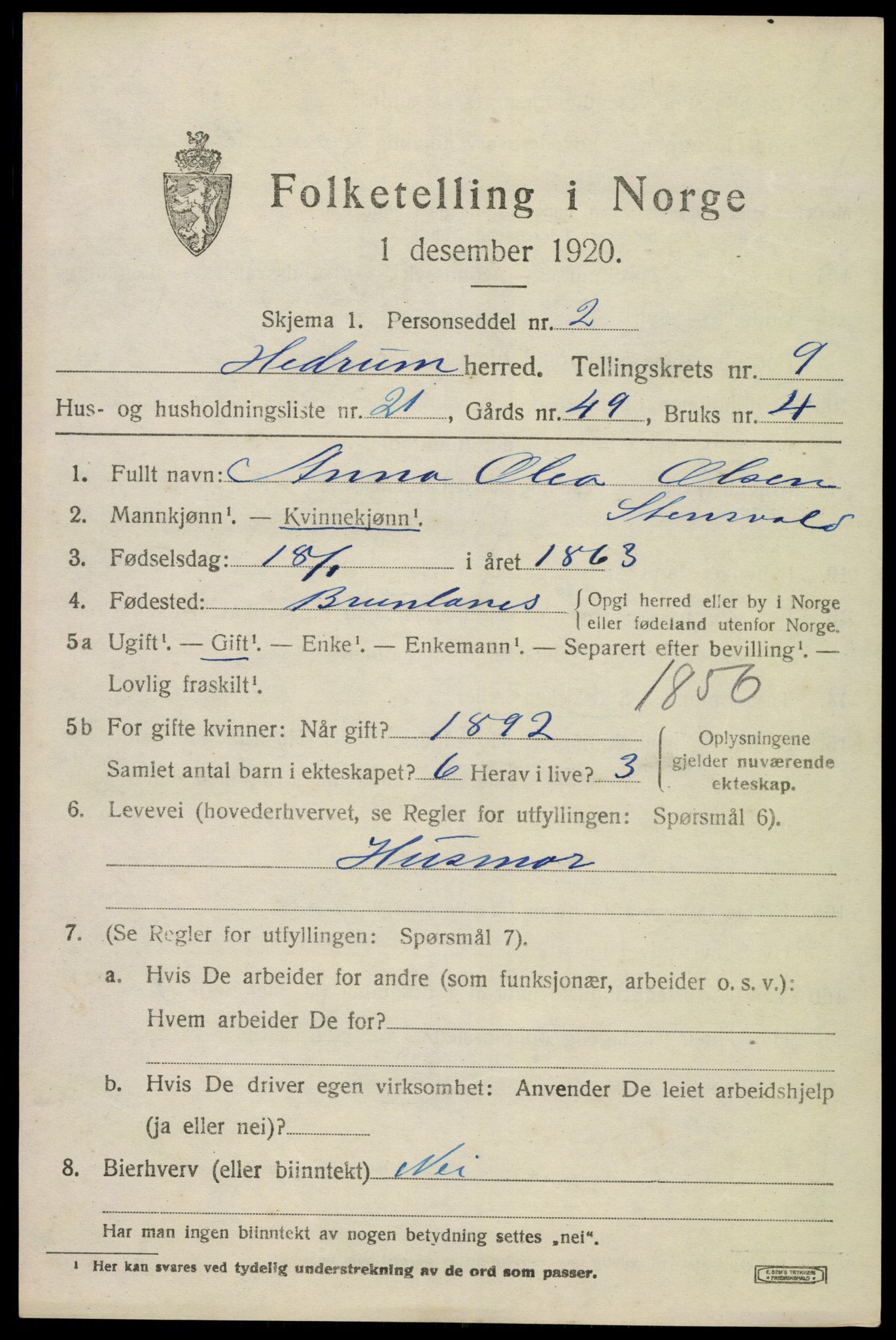 SAKO, 1920 census for Hedrum, 1920, p. 6999