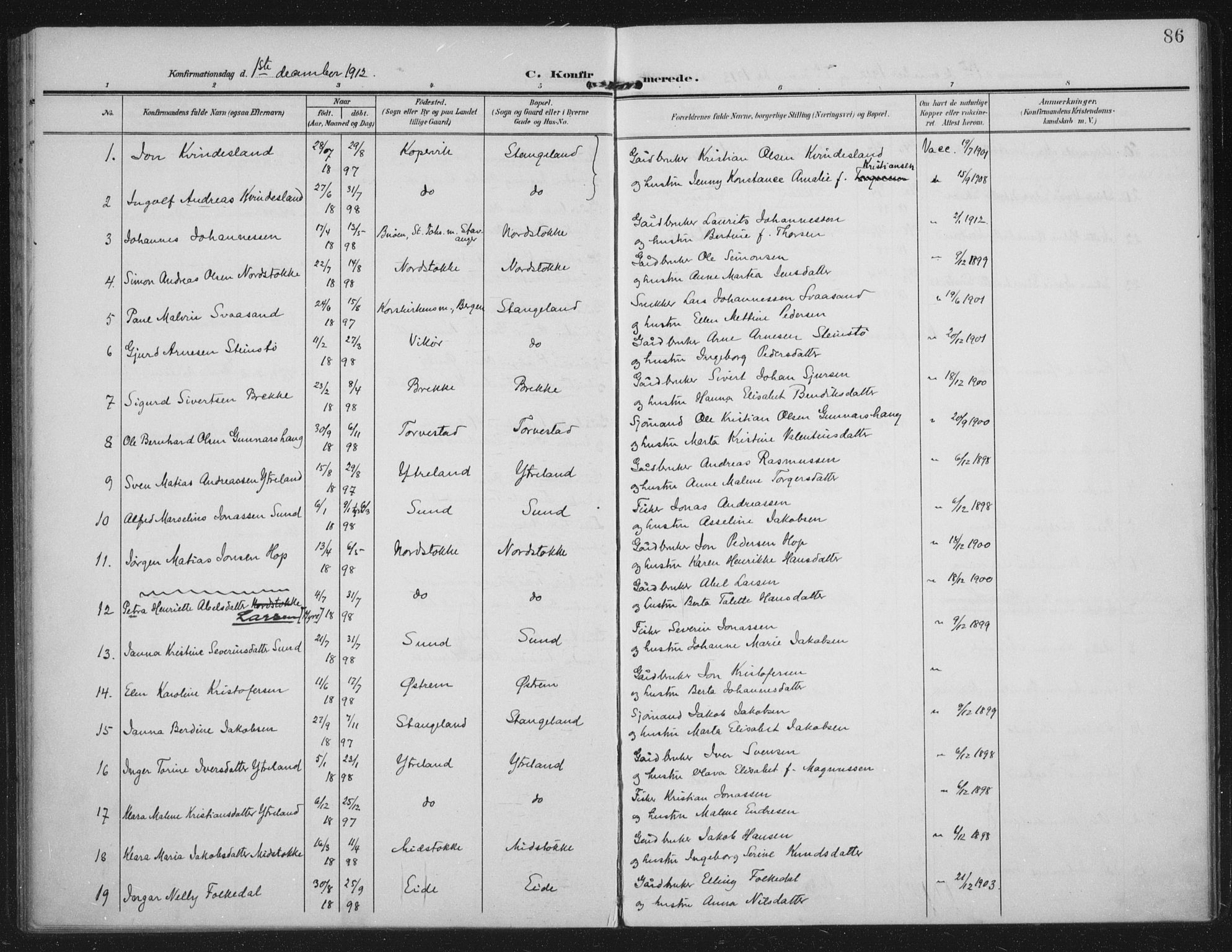 Kopervik sokneprestkontor, AV/SAST-A-101850/H/Ha/Haa/L0003: Parish register (official) no. A 3, 1906-1924, p. 86