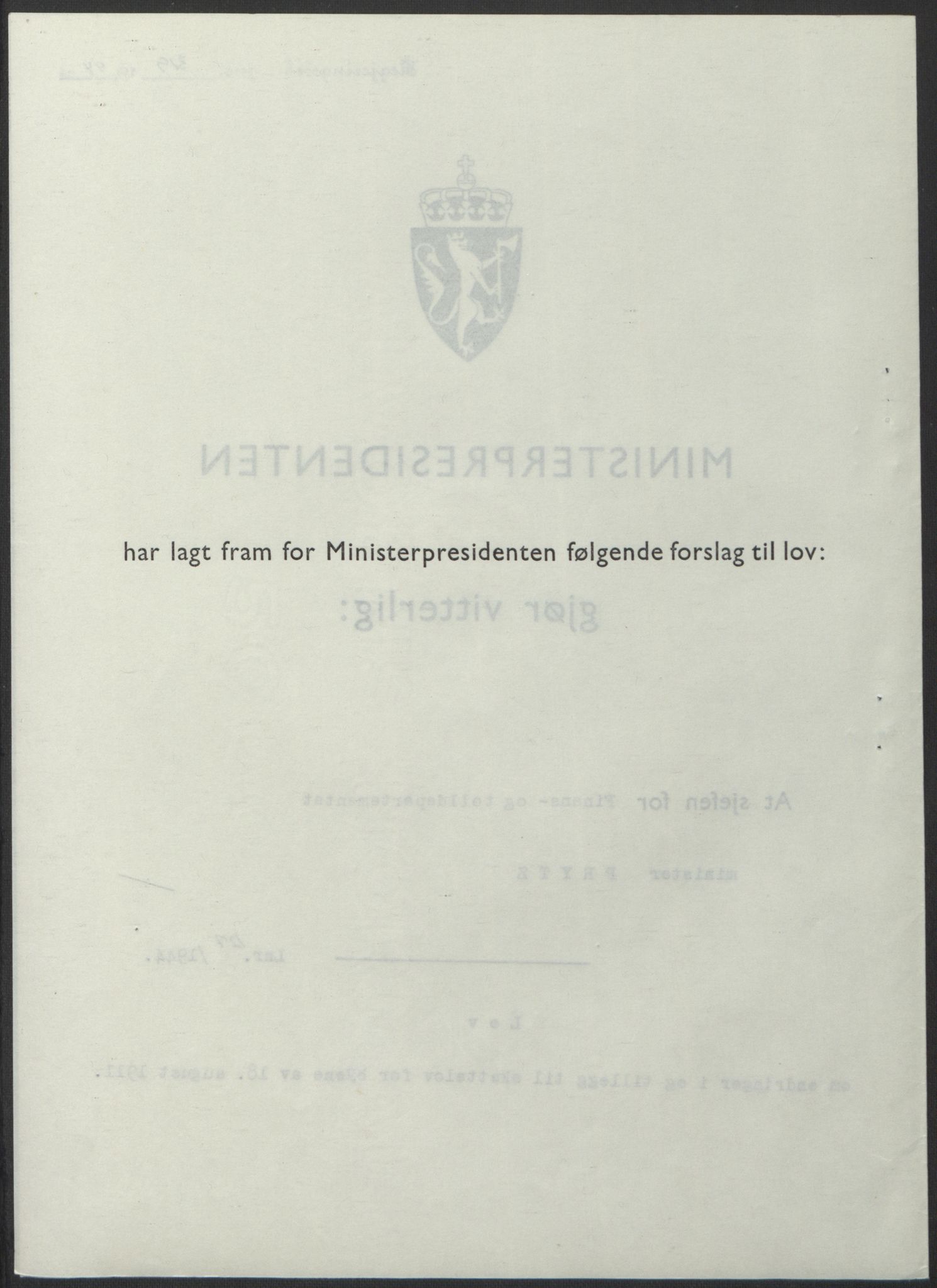 NS-administrasjonen 1940-1945 (Statsrådsekretariatet, de kommisariske statsråder mm), AV/RA-S-4279/D/Db/L0100: Lover, 1944, p. 604