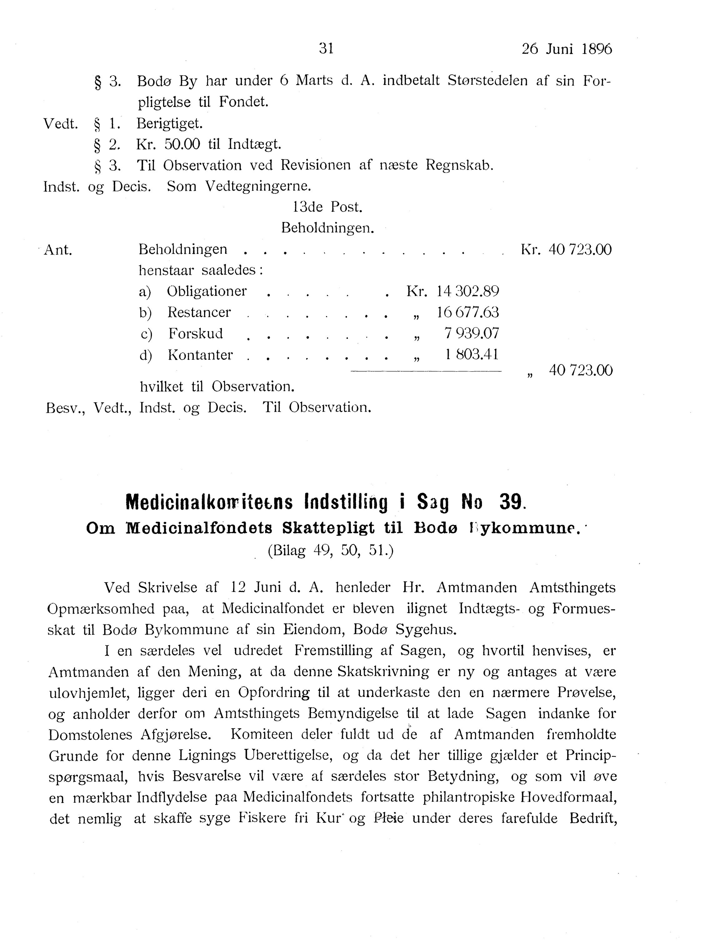 Nordland Fylkeskommune. Fylkestinget, AIN/NFK-17/176/A/Ac/L0019: Fylkestingsforhandlinger 1896, 1896