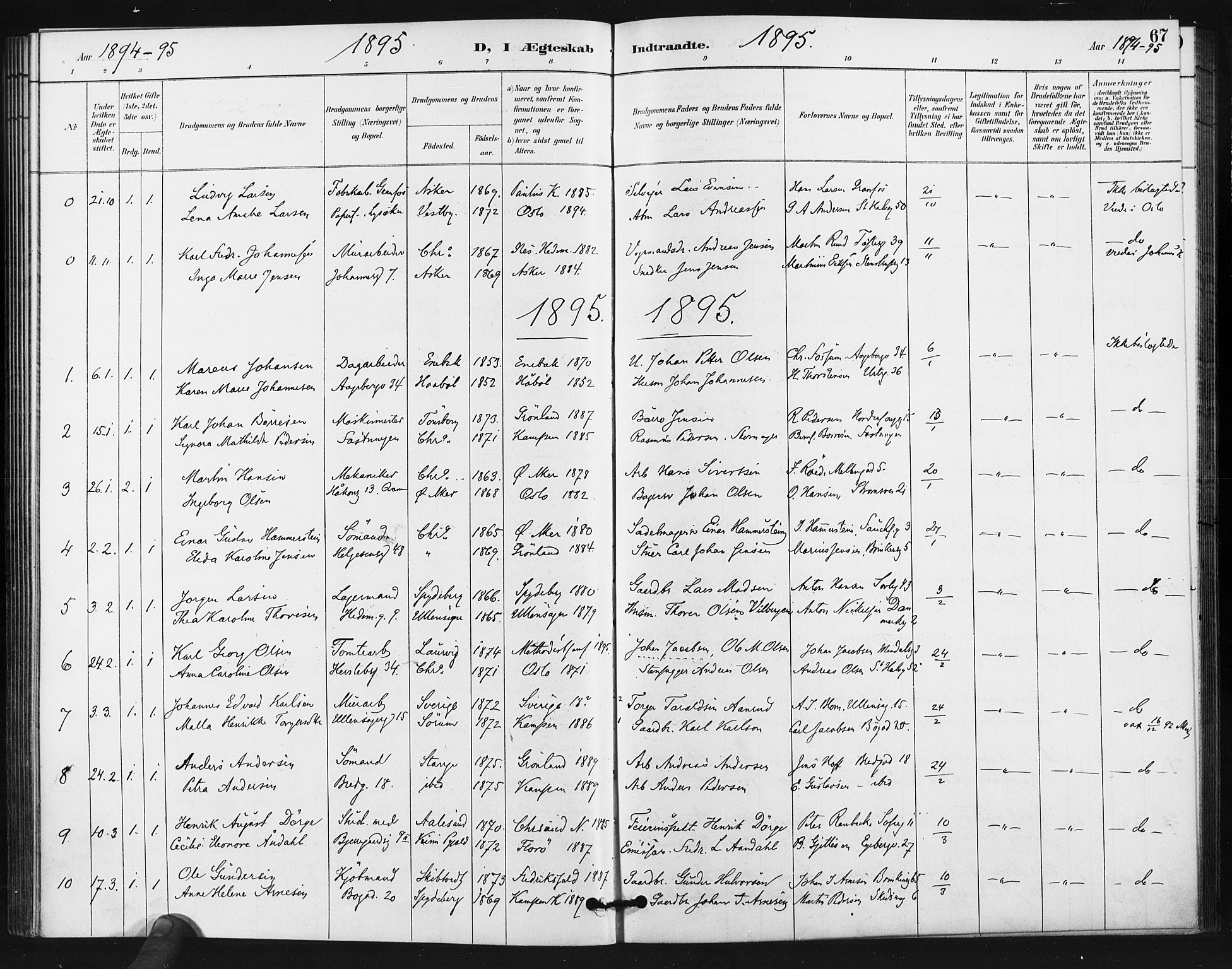 Kampen prestekontor Kirkebøker, SAO/A-10853/F/Fa/L0006: Parish register (official) no. I 6, 1889-1896, p. 67
