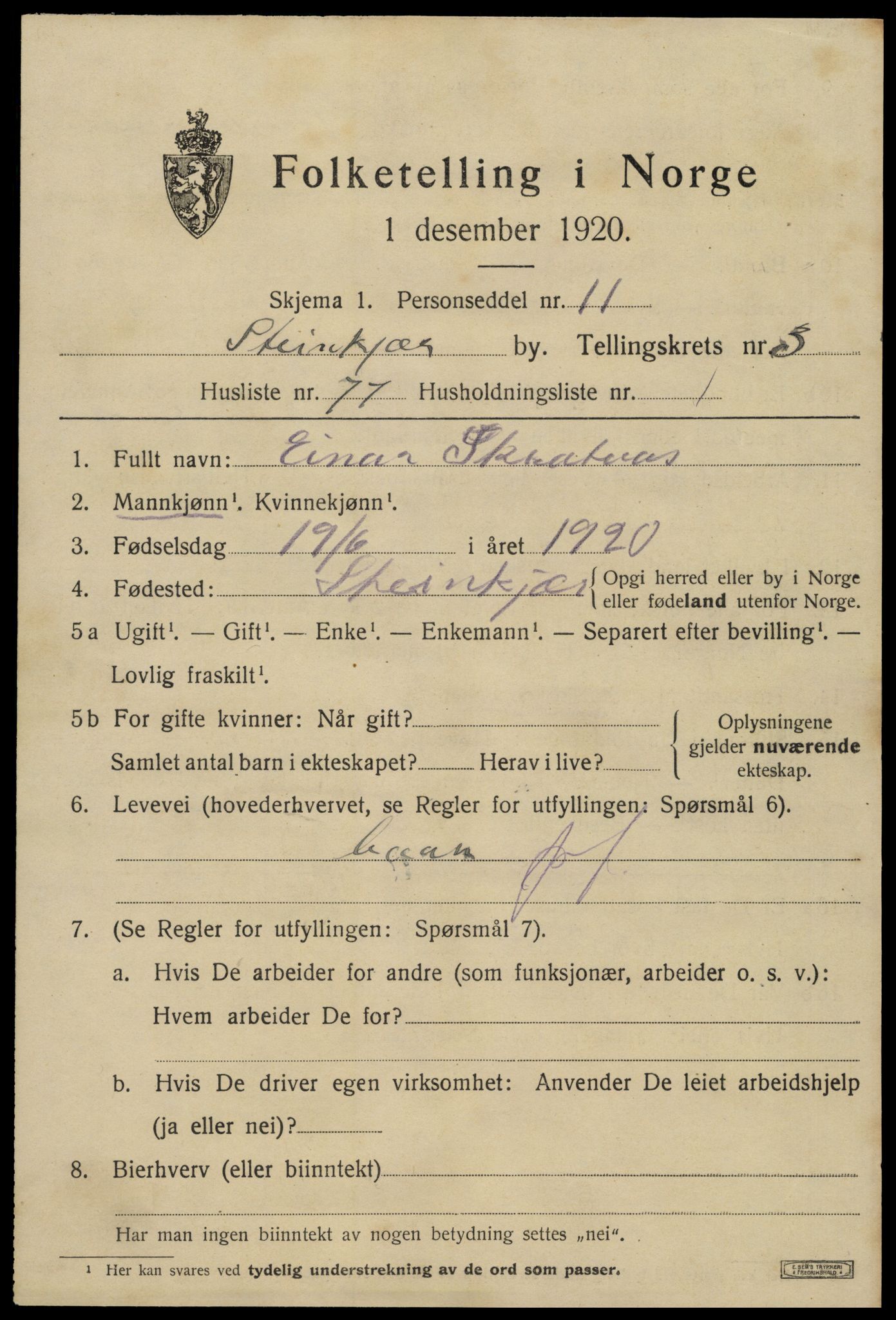 SAT, 1920 census for Steinkjer, 1920, p. 6988