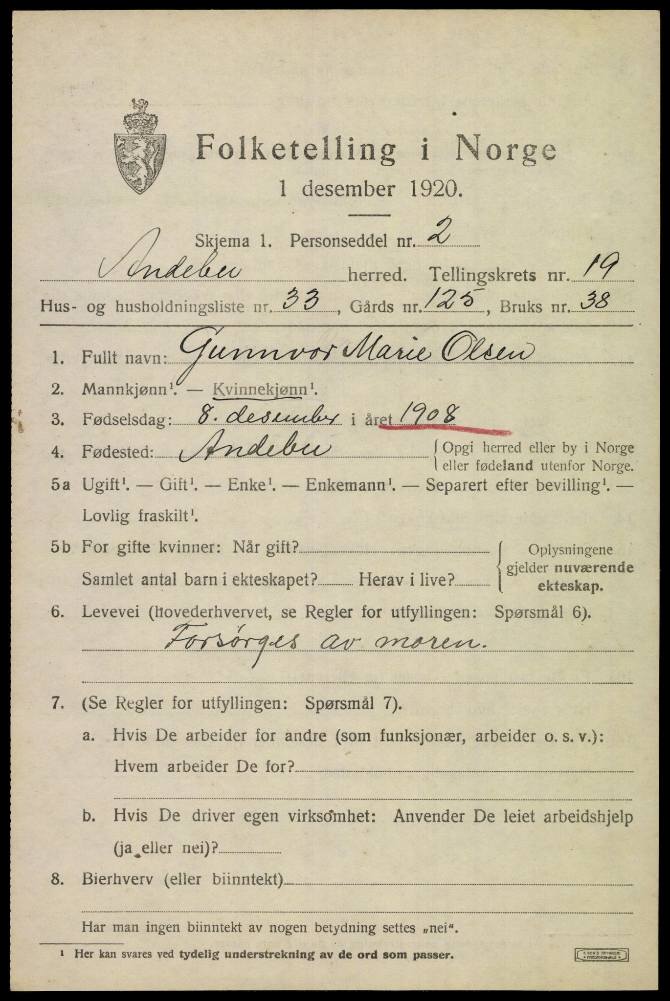 SAKO, 1920 census for Andebu, 1920, p. 6622