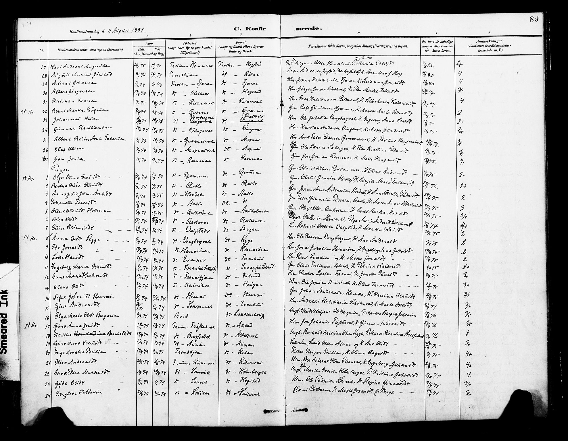 Ministerialprotokoller, klokkerbøker og fødselsregistre - Nord-Trøndelag, AV/SAT-A-1458/713/L0121: Parish register (official) no. 713A10, 1888-1898, p. 89