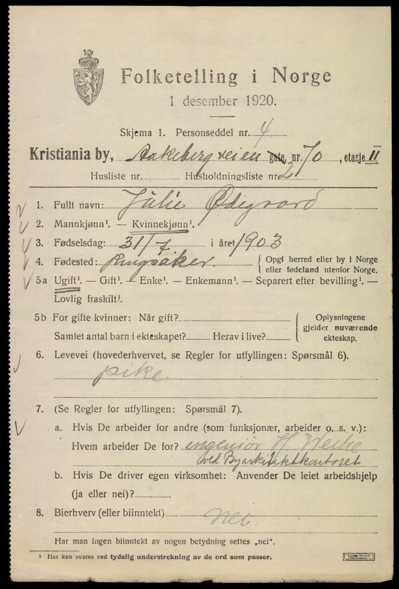 SAO, 1920 census for Kristiania, 1920, p. 136185