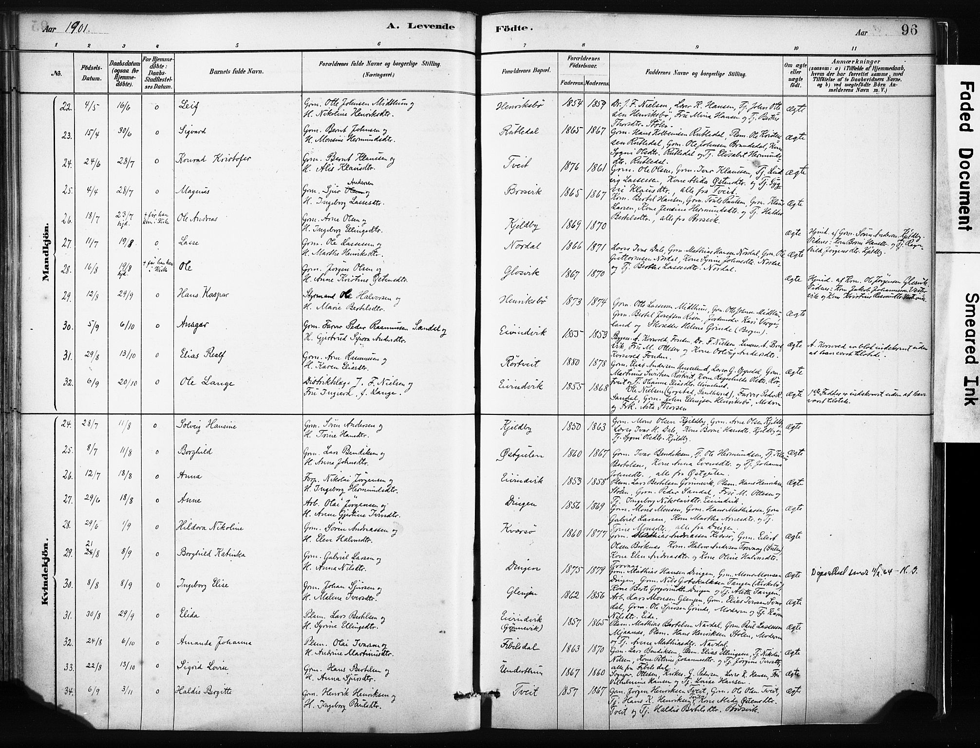 Gulen sokneprestembete, AV/SAB-A-80201/H/Haa/Haab/L0001: Parish register (official) no. B 1, 1881-1905, p. 96