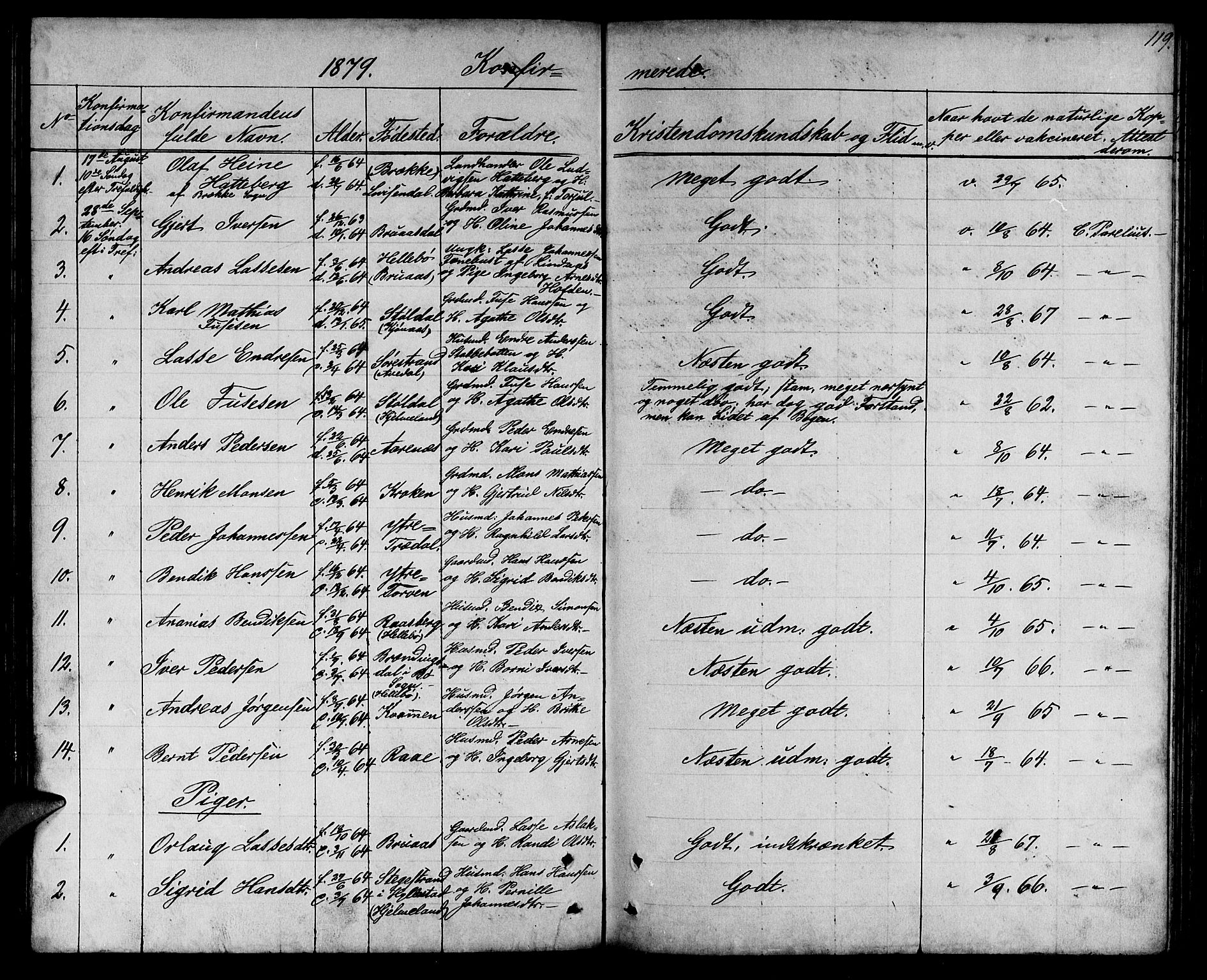 Lavik sokneprestembete, SAB/A-80901: Parish register (copy) no. A 1, 1854-1881, p. 119