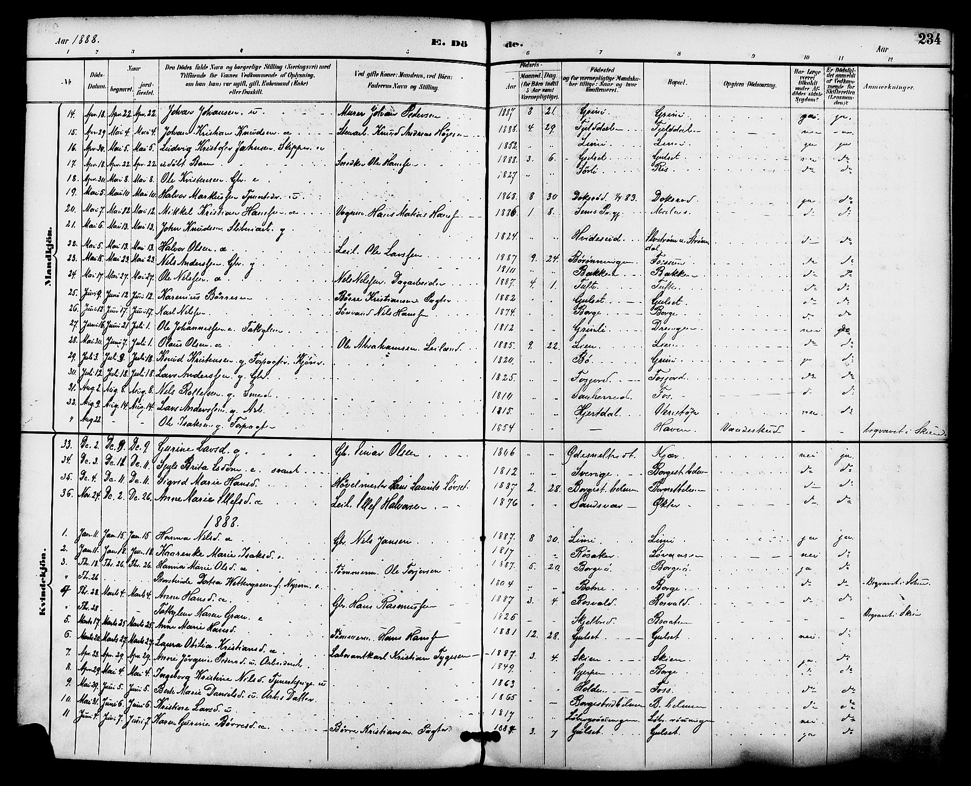 Gjerpen kirkebøker, AV/SAKO-A-265/F/Fa/L0010: Parish register (official) no. I 10, 1886-1895, p. 234