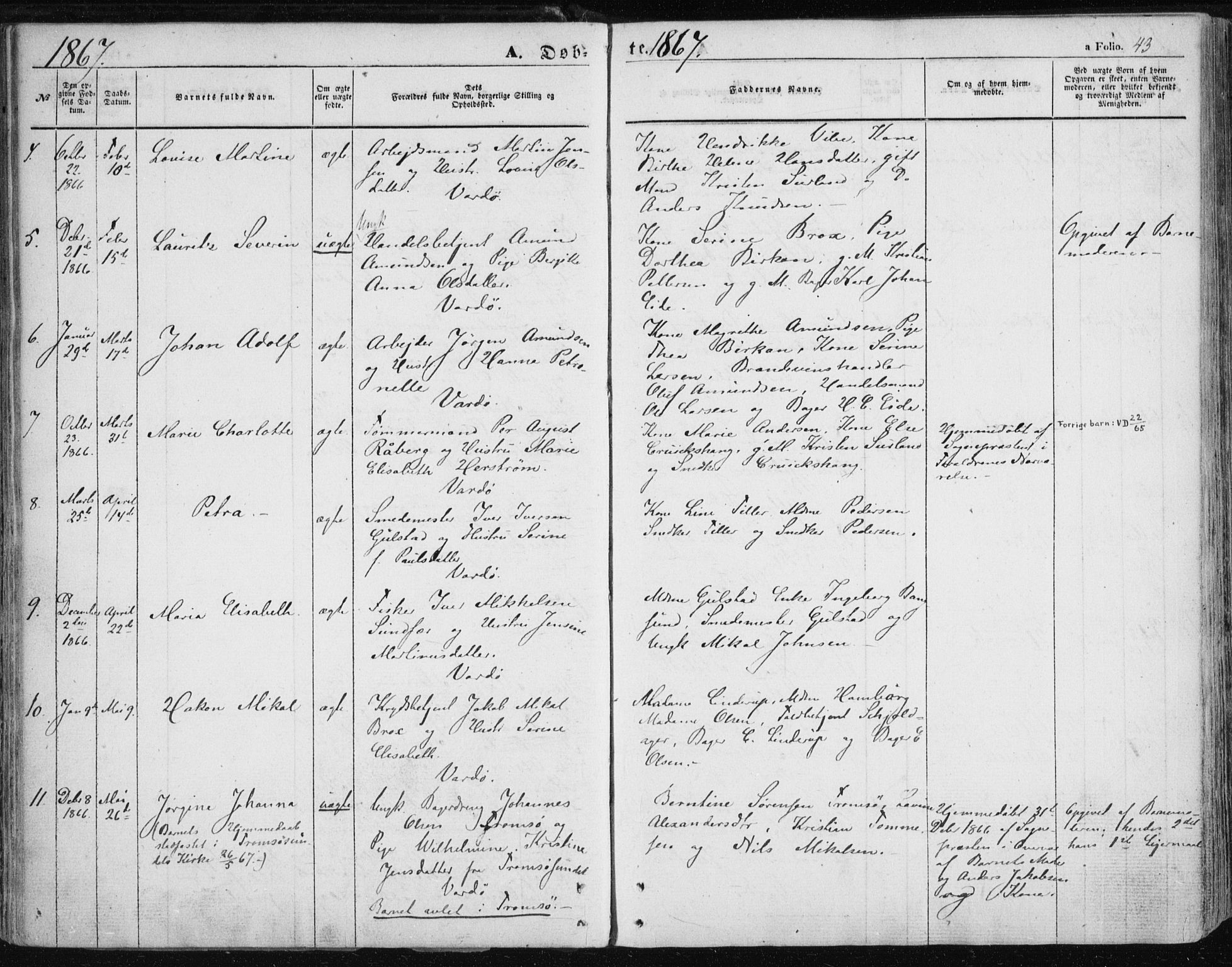 Vardø sokneprestkontor, SATØ/S-1332/H/Ha/L0004kirke: Parish register (official) no. 4, 1862-1871, p. 43