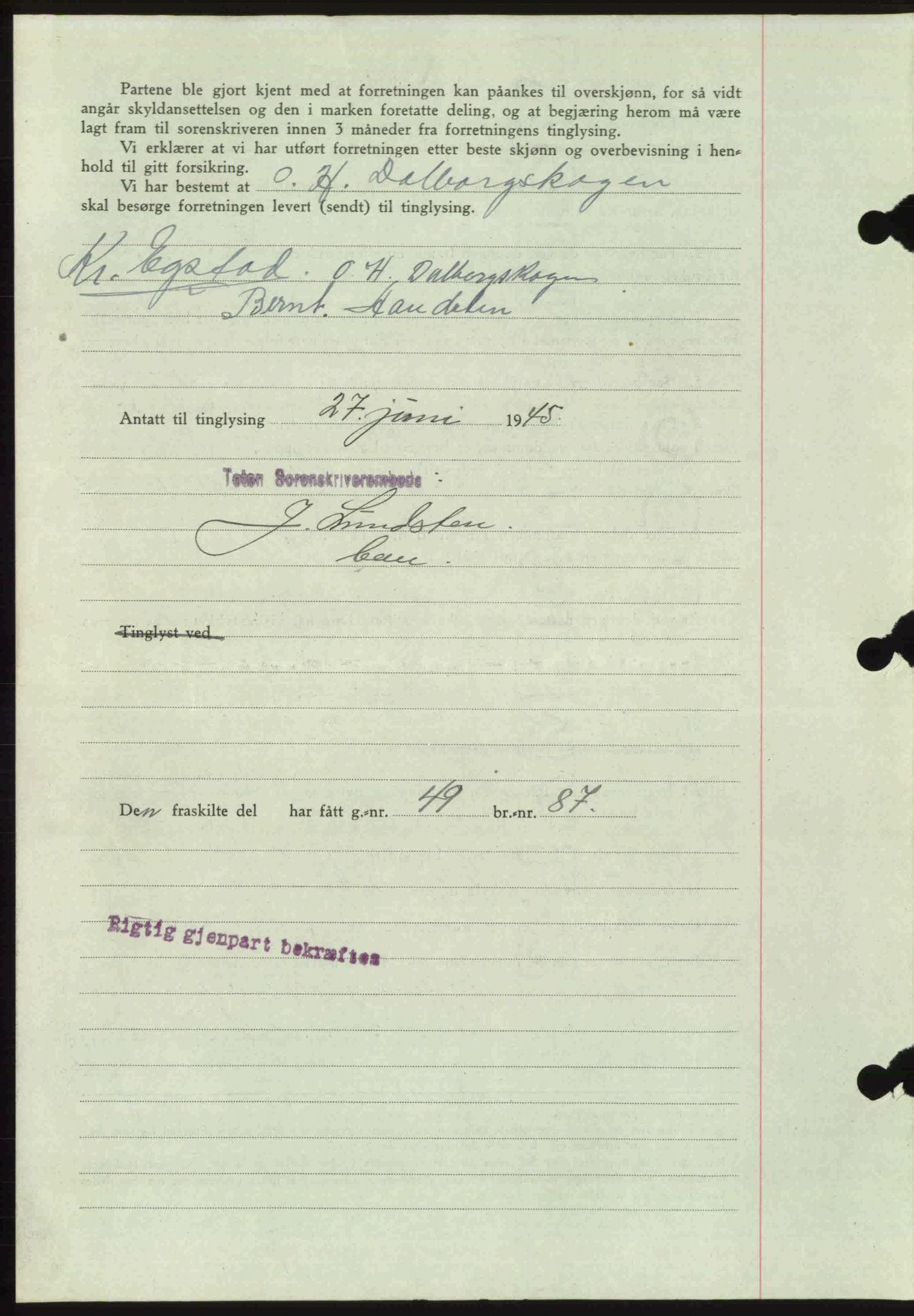 Toten tingrett, SAH/TING-006/H/Hb/Hbc/L0013: Mortgage book no. Hbc-13, 1945-1945, Diary no: : 955/1945