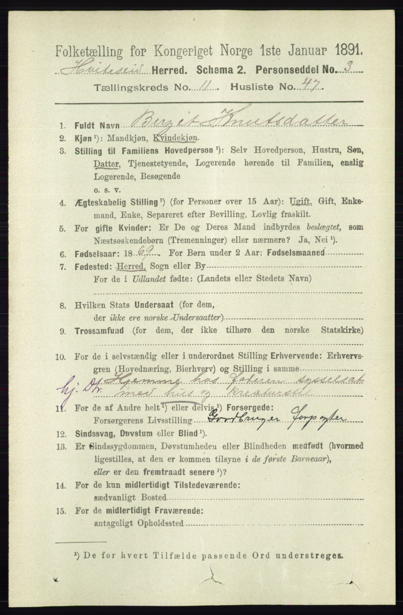 RA, 1891 census for 0829 Kviteseid, 1891, p. 2805