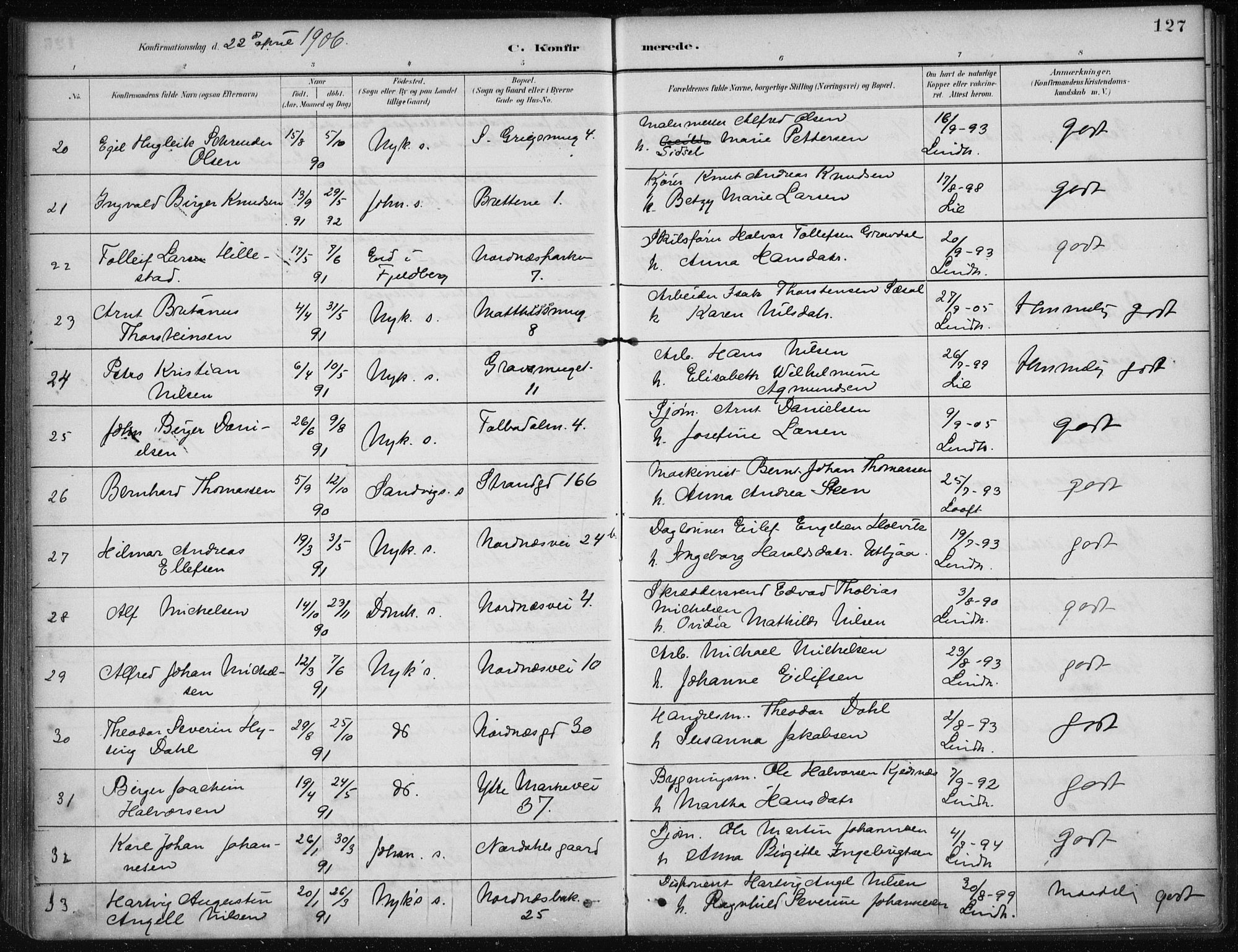 Nykirken Sokneprestembete, AV/SAB-A-77101/H/Haa/L0027: Parish register (official) no. C 6, 1886-1913, p. 127