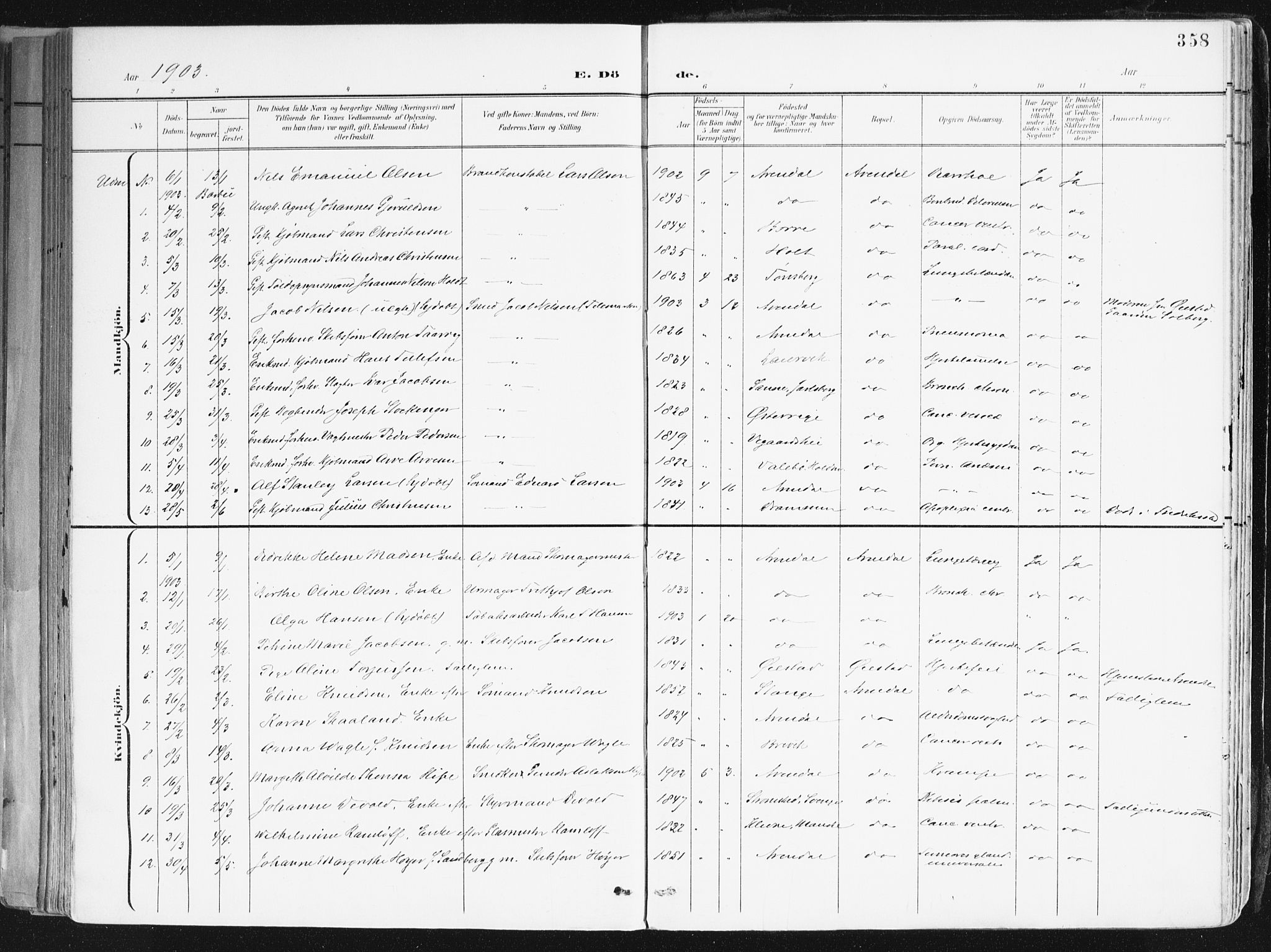 Arendal sokneprestkontor, Trefoldighet, SAK/1111-0040/F/Fa/L0010: Parish register (official) no. A 10, 1900-1919, p. 358