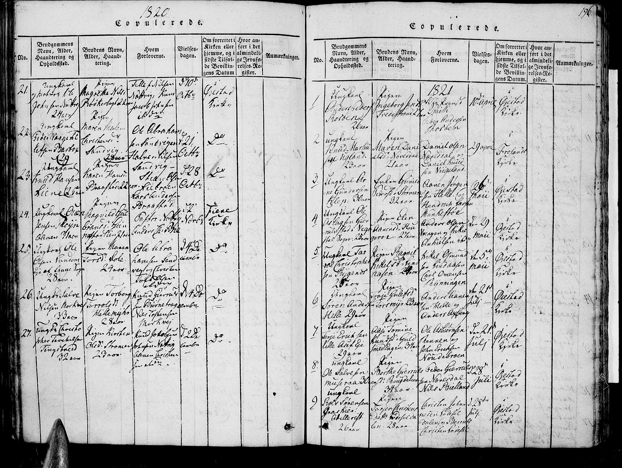 Øyestad sokneprestkontor, SAK/1111-0049/F/Fb/L0003: Parish register (copy) no. B 3, 1816-1827, p. 196