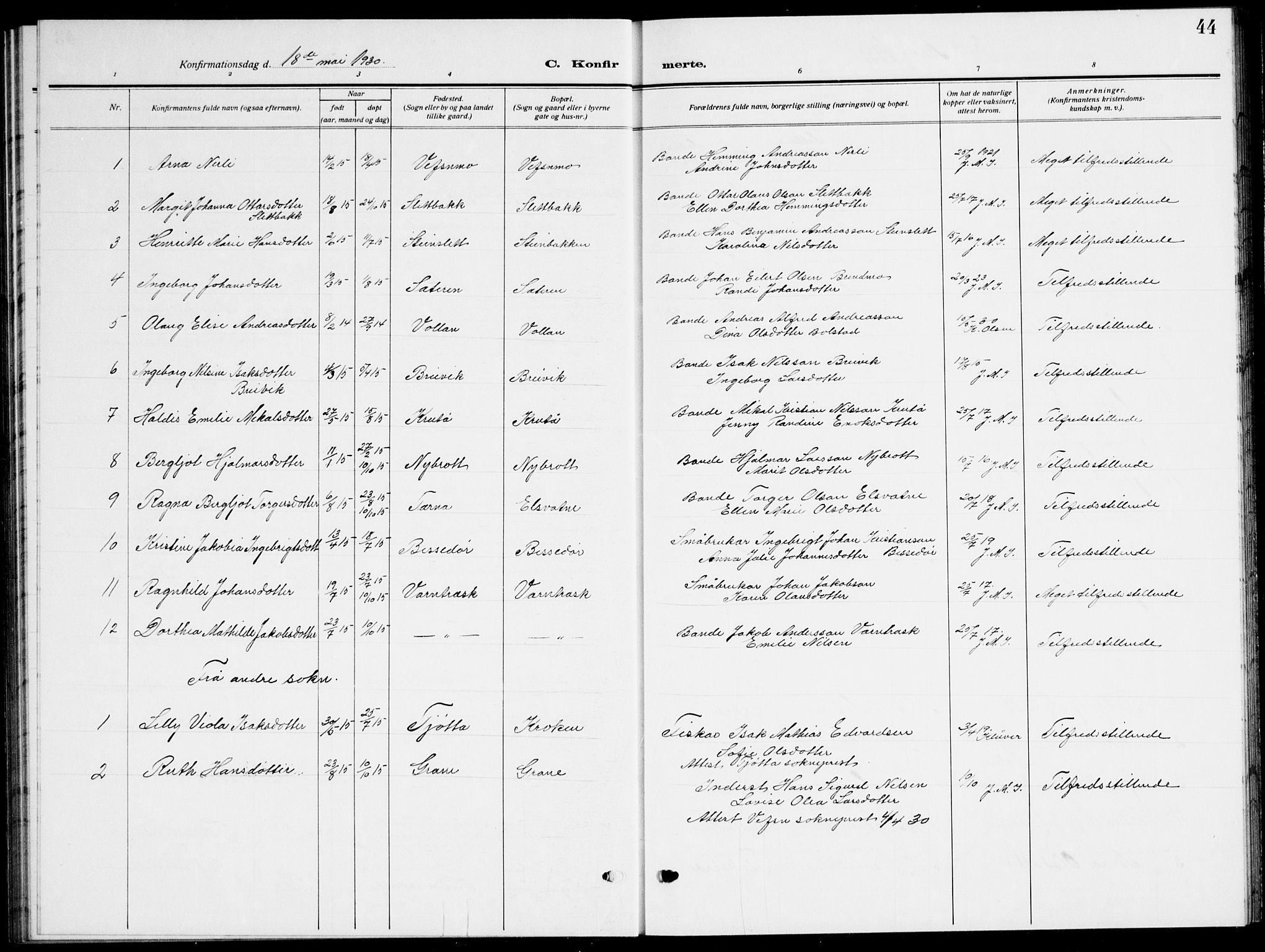 Ministerialprotokoller, klokkerbøker og fødselsregistre - Nordland, AV/SAT-A-1459/823/L0332: Parish register (copy) no. 823C04, 1907-1944, p. 44