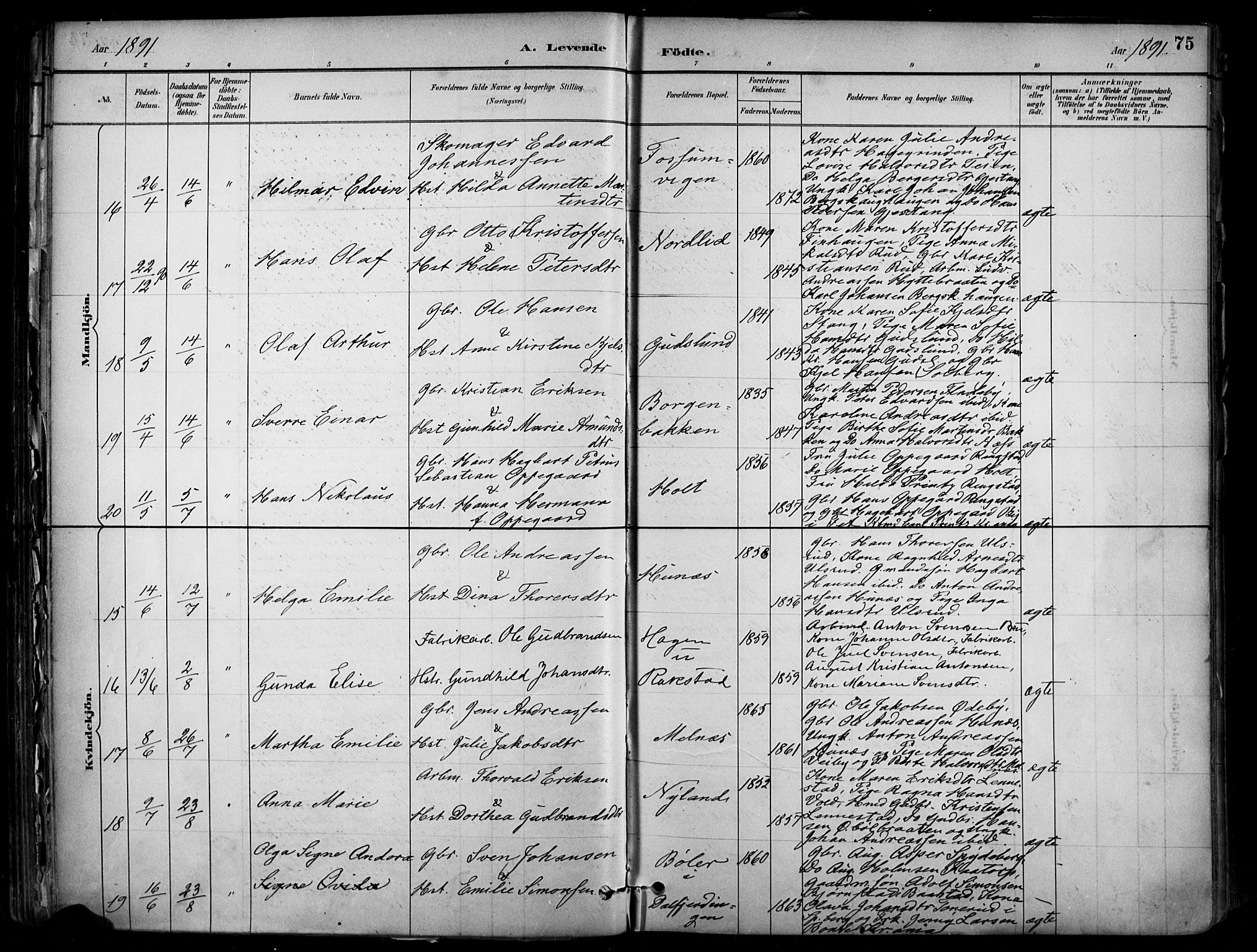 Enebakk prestekontor Kirkebøker, AV/SAO-A-10171c/F/Fa/L0016: Parish register (official) no. I 16, 1883-1898, p. 75