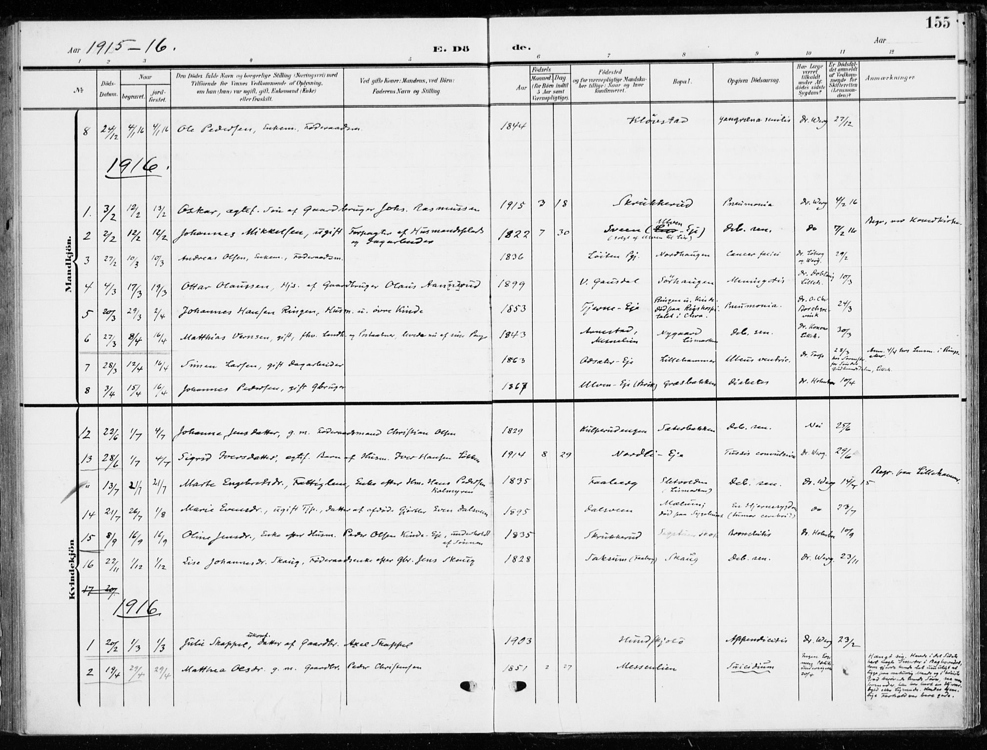 Ringsaker prestekontor, SAH/PREST-014/K/Ka/L0021: Parish register (official) no. 21, 1905-1920, p. 155