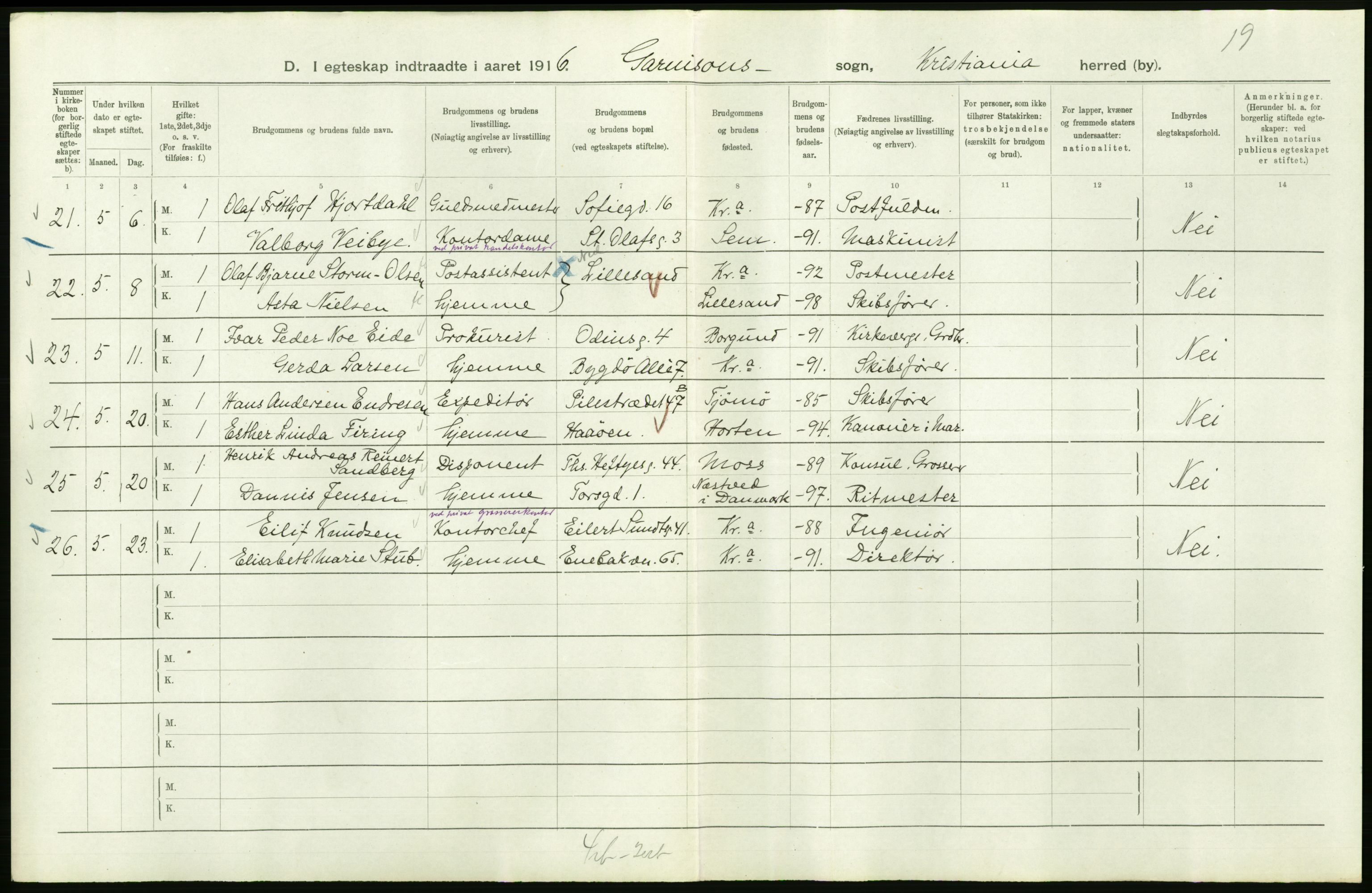 Statistisk sentralbyrå, Sosiodemografiske emner, Befolkning, AV/RA-S-2228/D/Df/Dfb/Dfbf/L0008: Kristiania: Gifte, 1916, p. 932