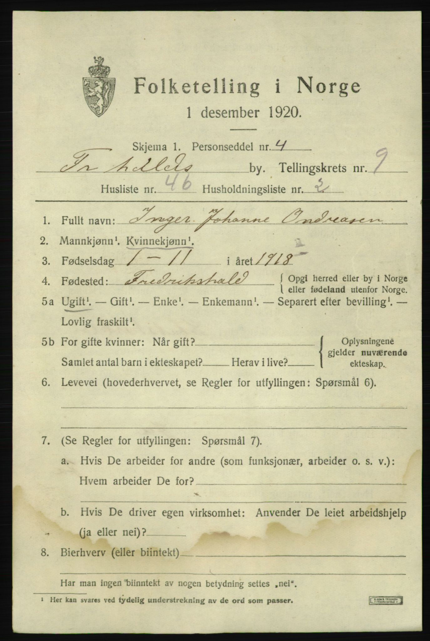 SAO, 1920 census for Fredrikshald, 1920, p. 16967