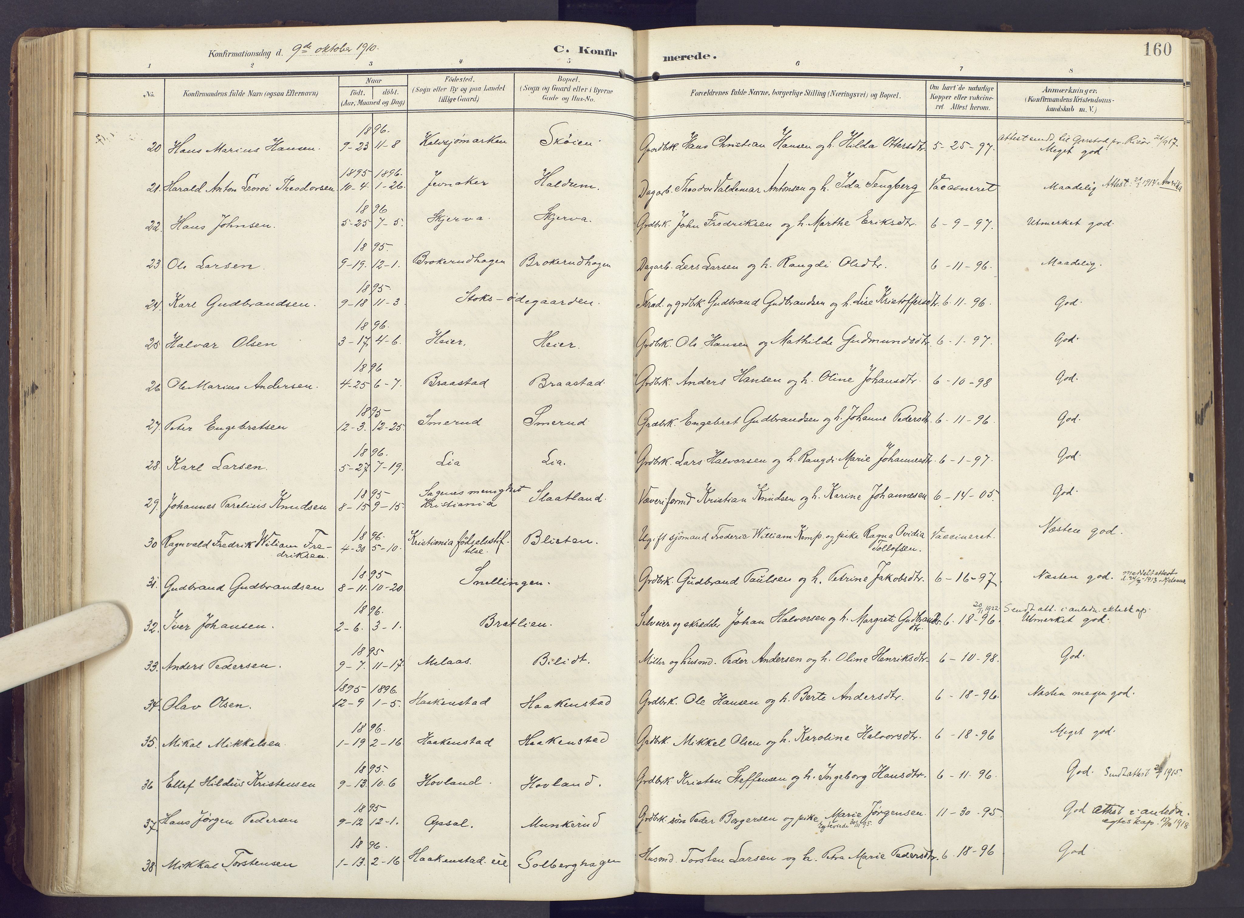 Lunner prestekontor, SAH/PREST-118/H/Ha/Haa/L0001: Parish register (official) no. 1, 1907-1922, p. 160