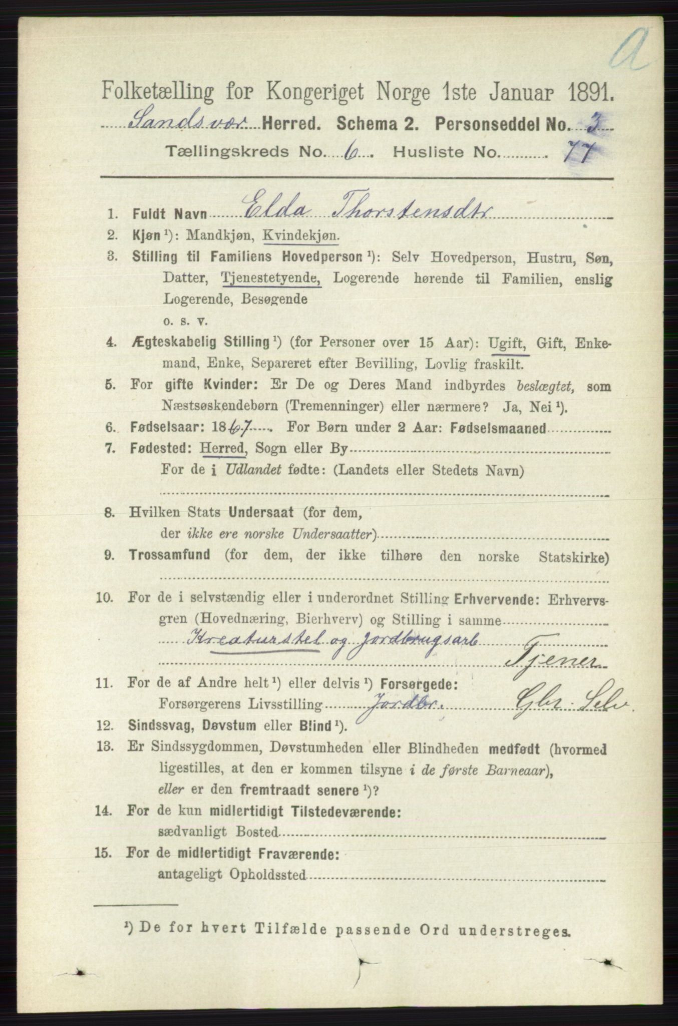 RA, 1891 census for 0629 Sandsvær, 1891, p. 3891
