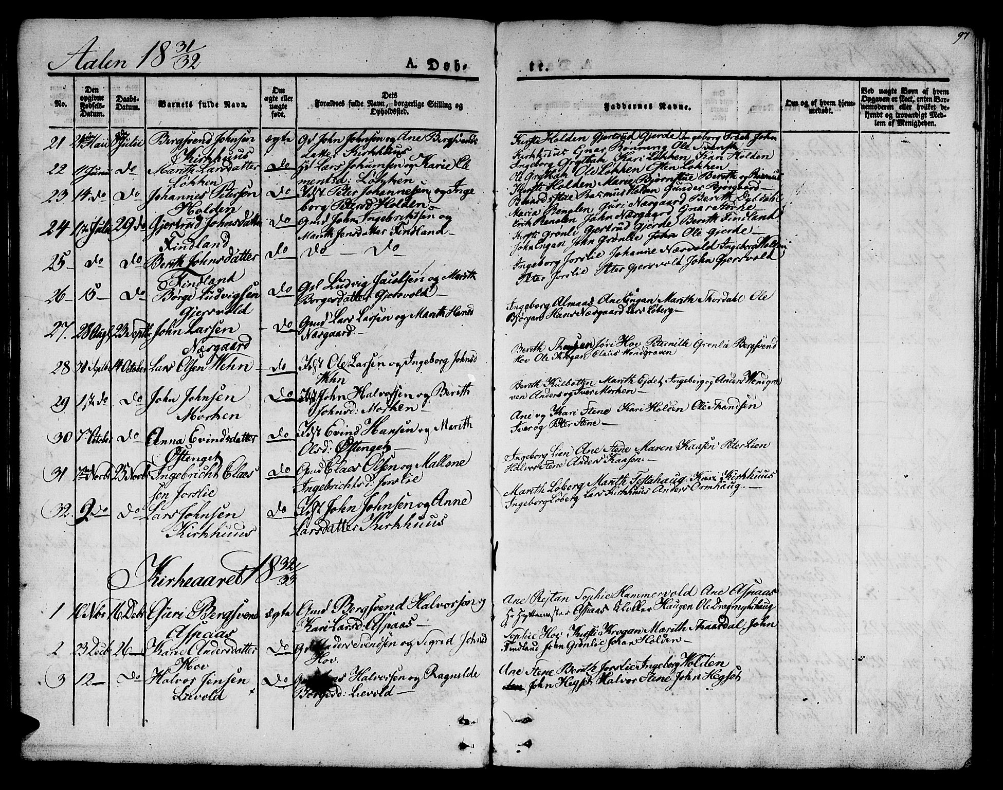 Ministerialprotokoller, klokkerbøker og fødselsregistre - Sør-Trøndelag, SAT/A-1456/685/L0959: Parish register (official) no. 685A04 /3, 1829-1845, p. 97