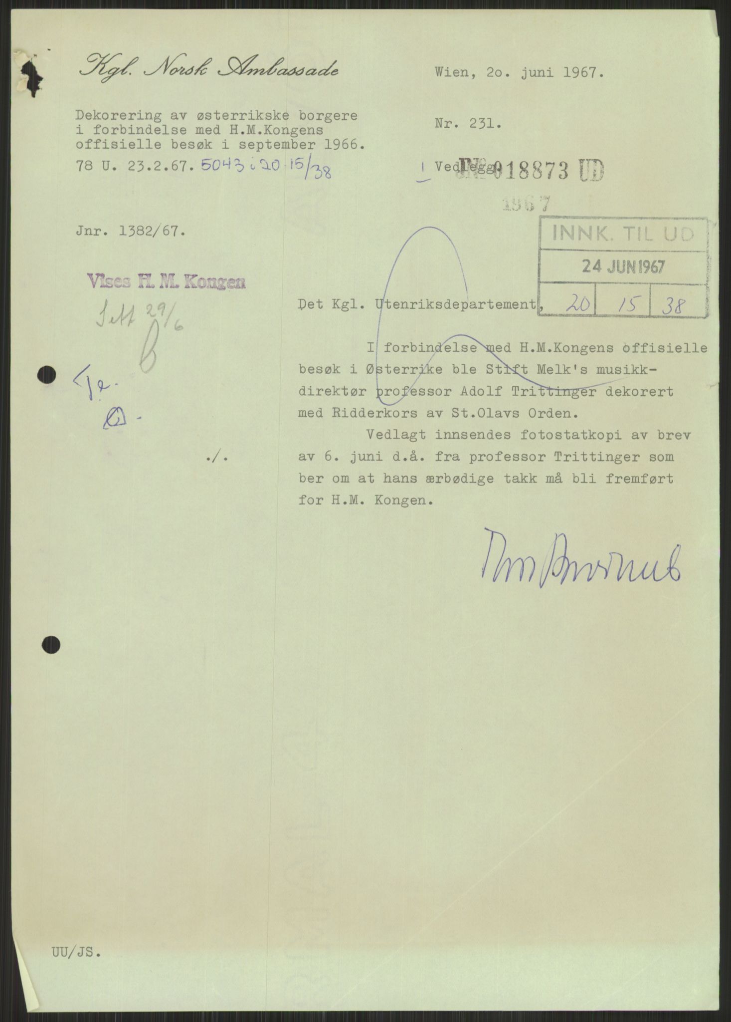 Utenriksdepartementet, hovedarkiv, AV/RA-S-6794/D/Da/Daa/L0542: Ordensvesen. Statsoverhoders og fyrsters jubiléer og begravelser. Ordensvesen. Statsoverhoders og fyrsters jubiléer og begravelser. Statsjubiléer. Fyrstebesøk (utvekslinger). Flåtebesøk (utvekslinger), 1960-1969, p. 17