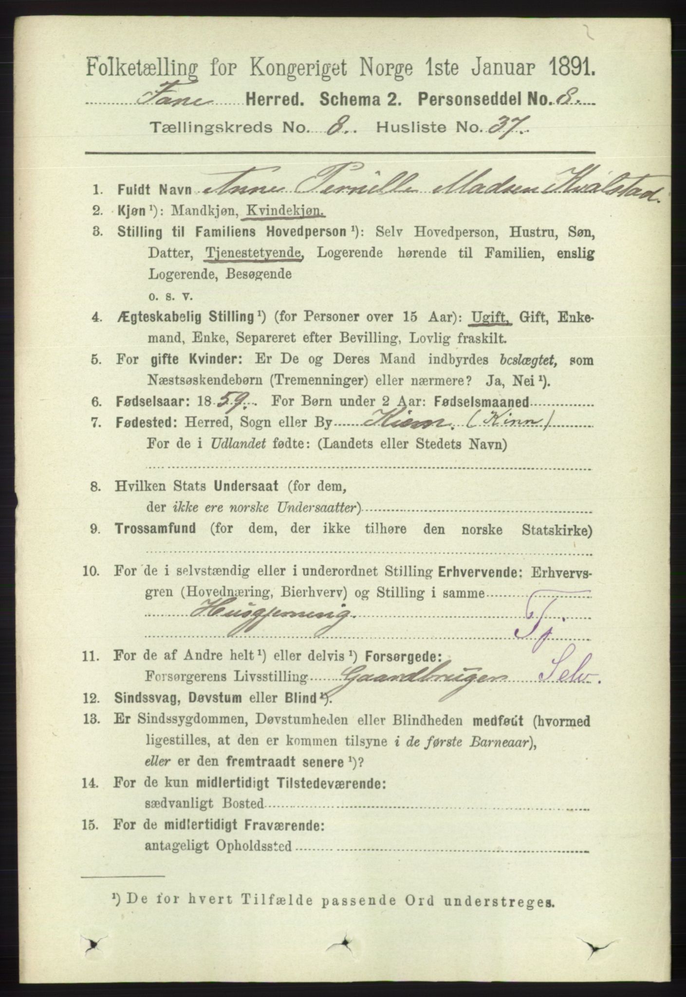 RA, 1891 census for 1249 Fana, 1891, p. 3757