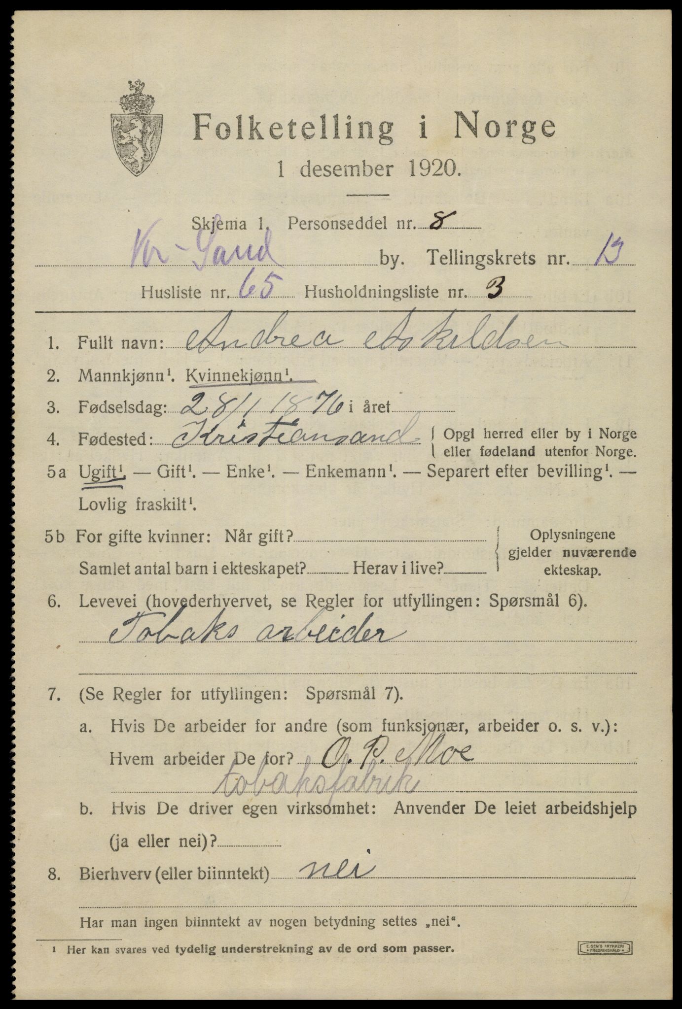 SAK, 1920 census for Kristiansand, 1920, p. 28465