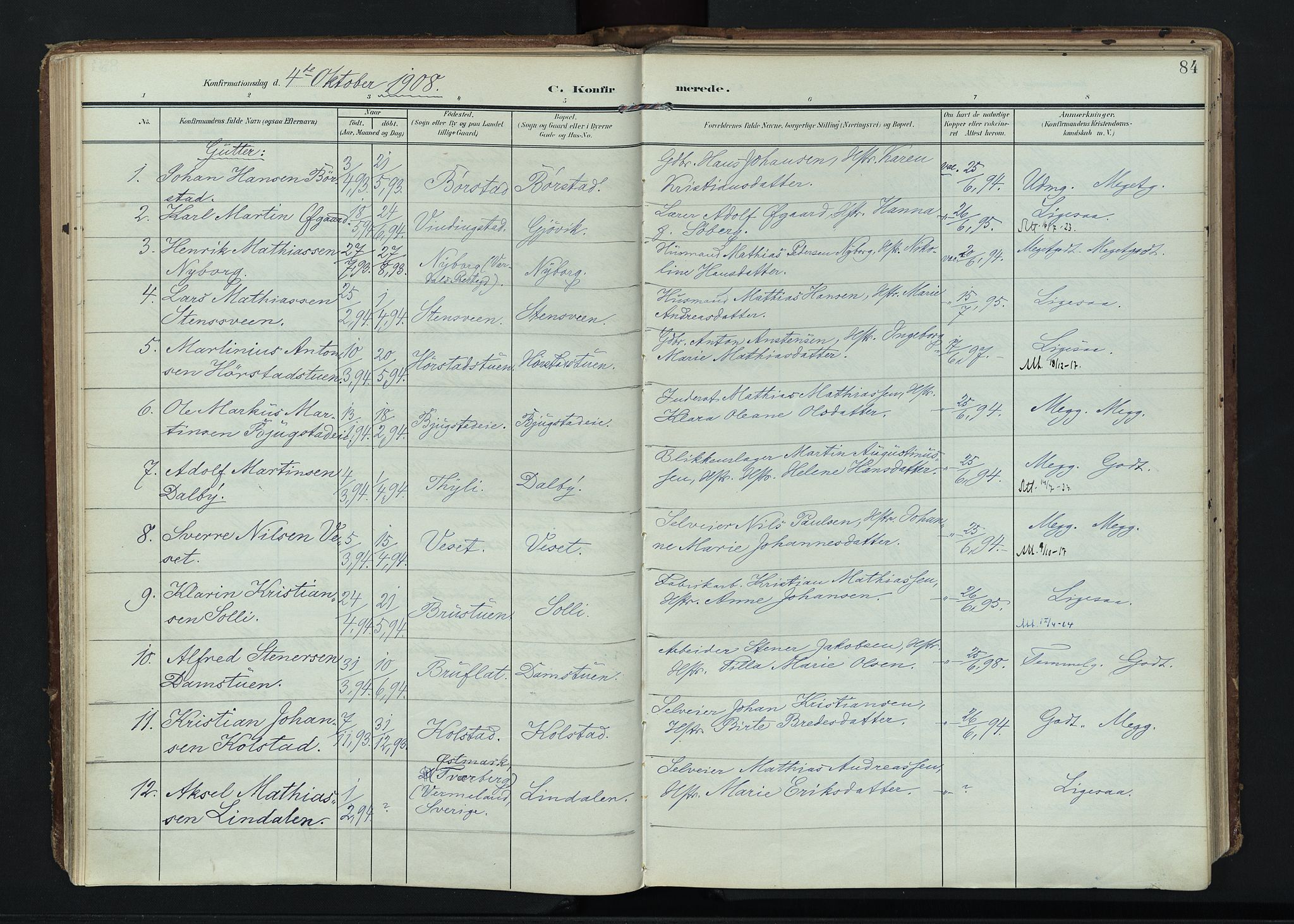 Vardal prestekontor, AV/SAH-PREST-100/H/Ha/Haa/L0020: Parish register (official) no. 20, 1907-1921, p. 84