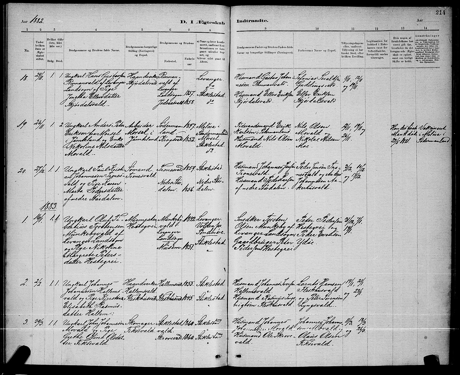 Ministerialprotokoller, klokkerbøker og fødselsregistre - Nord-Trøndelag, AV/SAT-A-1458/723/L0256: Parish register (copy) no. 723C04, 1879-1890, p. 214