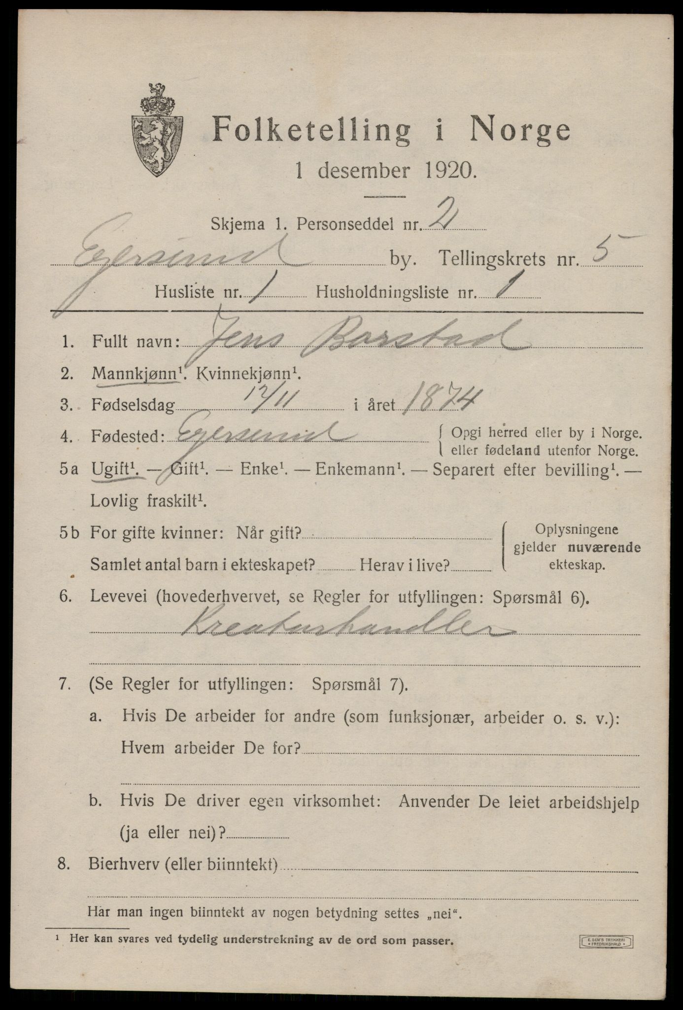 SAST, 1920 census for Egersund town, 1920, p. 8044