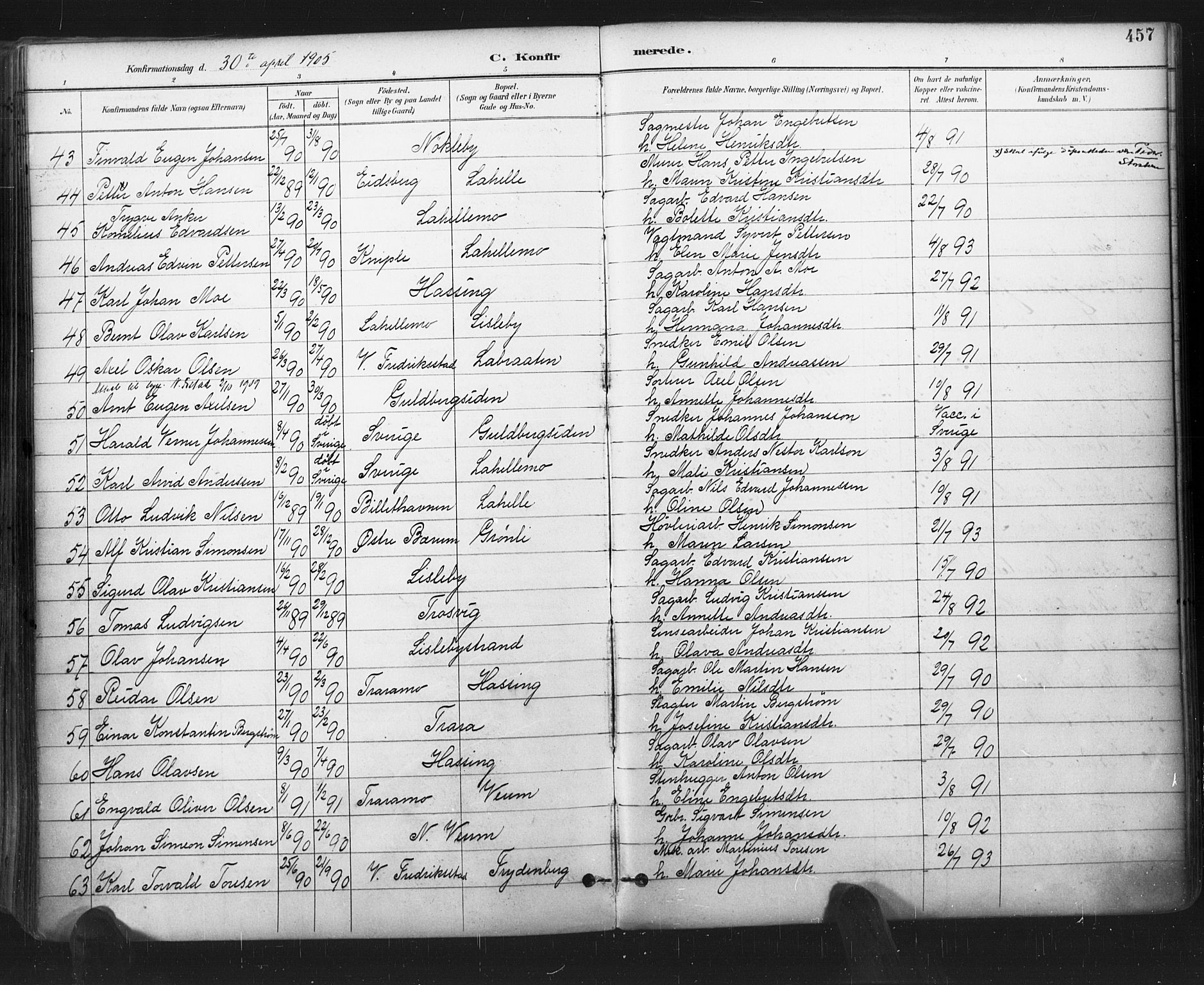 Glemmen prestekontor Kirkebøker, SAO/A-10908/F/Fa/L0013: Parish register (official) no. 13, 1892-1907, p. 457