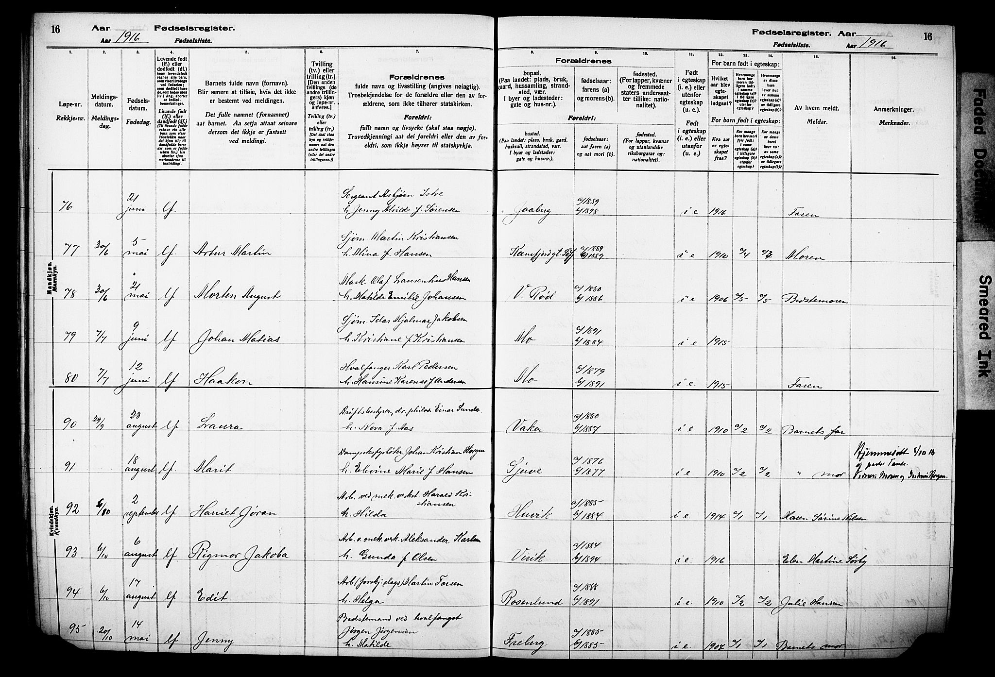 Sandar kirkebøker, AV/SAKO-A-243/J/Ja/L0001: Birth register no. 1, 1916-1922, p. 16