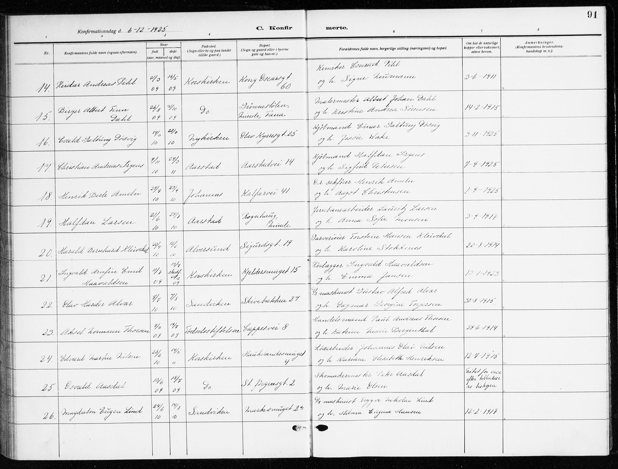 Domkirken sokneprestembete, AV/SAB-A-74801/H/Haa/L0032: Parish register (official) no. C 7, 1915-1930, p. 91