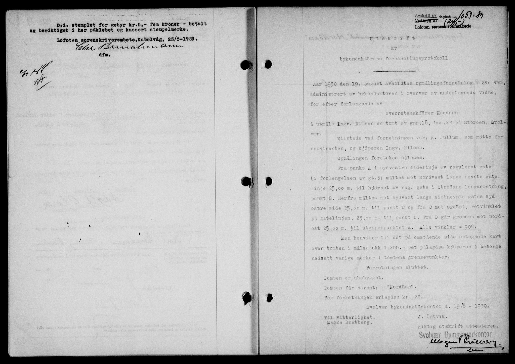 Lofoten sorenskriveri, SAT/A-0017/1/2/2C/L0005a: Mortgage book no. 5a, 1939-1939, Diary no: : 1053/1939