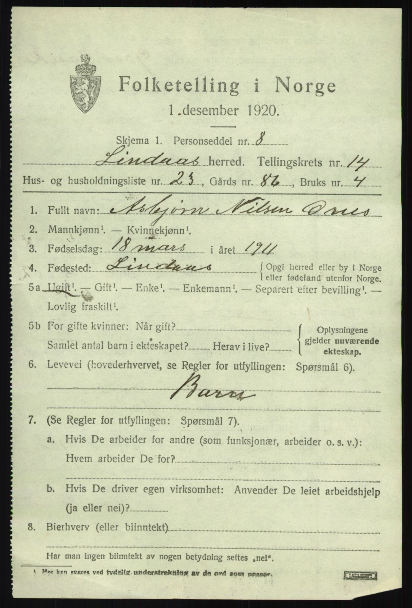SAB, 1920 census for Lindås, 1920, p. 7537