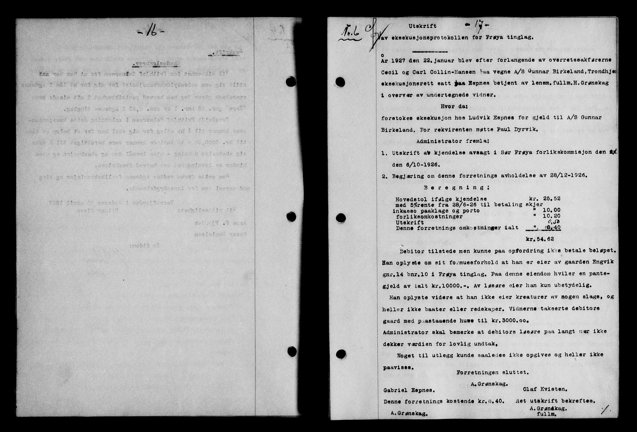 Hitra sorenskriveri, AV/SAT-A-0018/2/2C/2Ca/L0008: Mortgage book no. 8, 1927-1927, p. 16-17