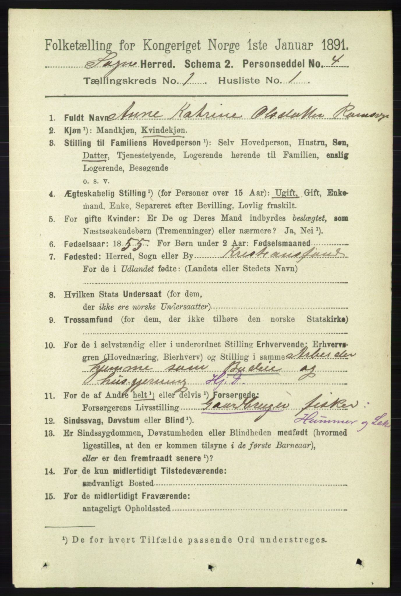 RA, 1891 census for 1018 Søgne, 1891, p. 67