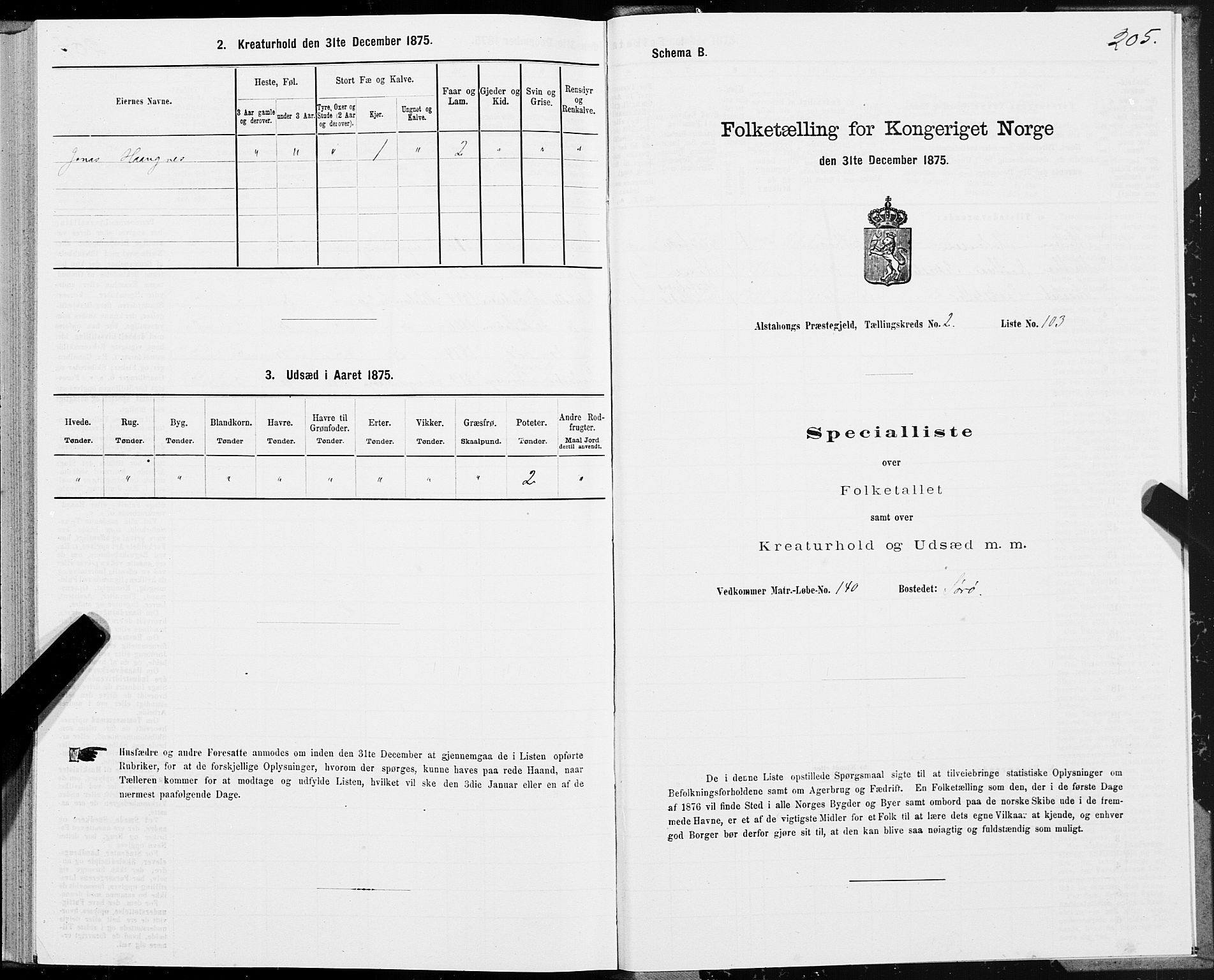 SAT, 1875 census for 1820P Alstahaug, 1875, p. 1805