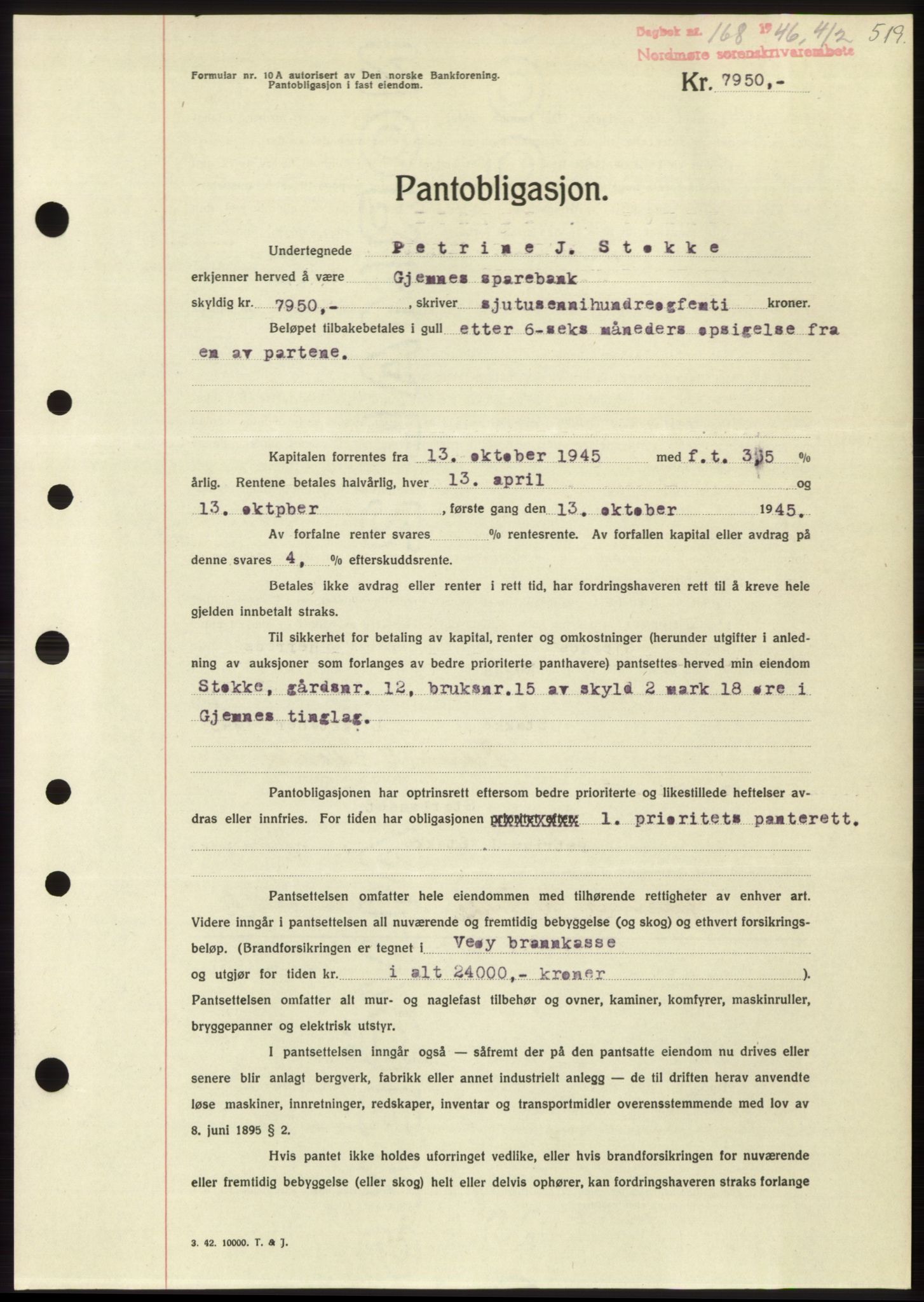 Nordmøre sorenskriveri, AV/SAT-A-4132/1/2/2Ca: Mortgage book no. B93b, 1946-1946, Diary no: : 168/1946