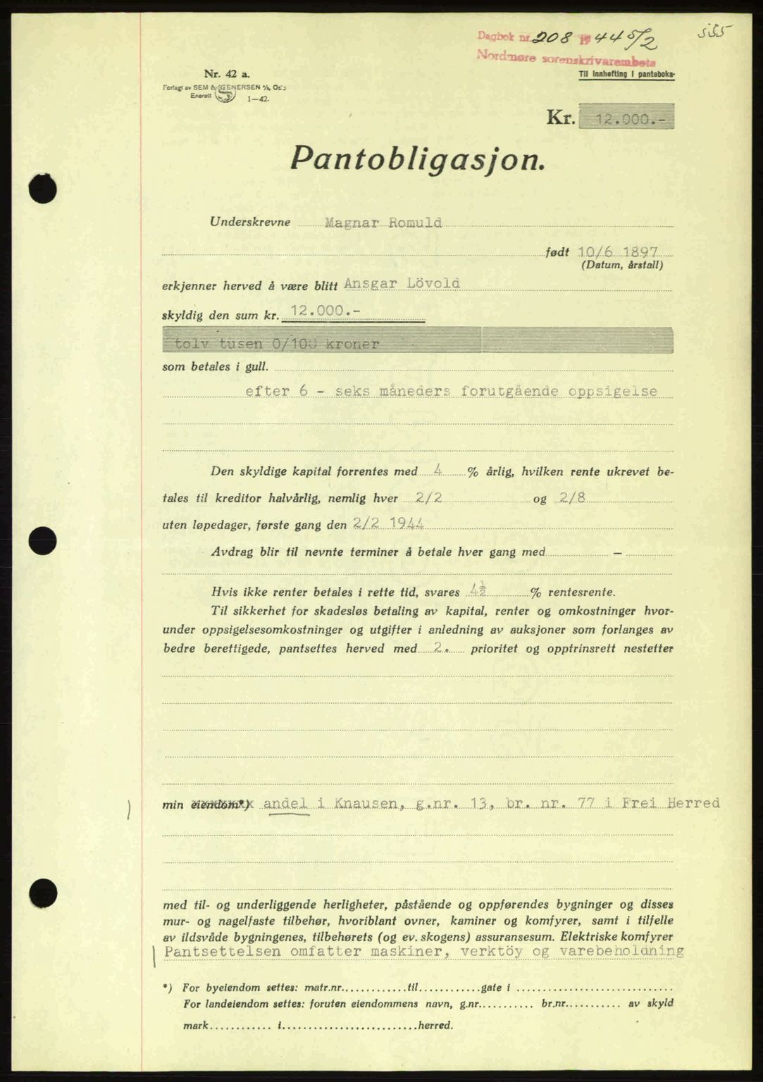 Nordmøre sorenskriveri, AV/SAT-A-4132/1/2/2Ca: Mortgage book no. B91, 1943-1944, Diary no: : 208/1944