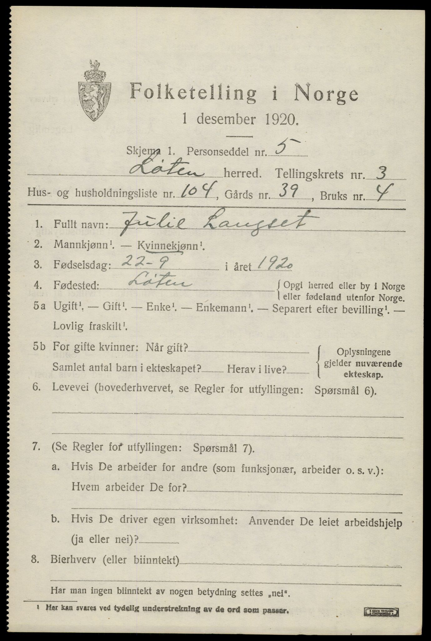 SAH, 1920 census for Løten, 1920, p. 8431