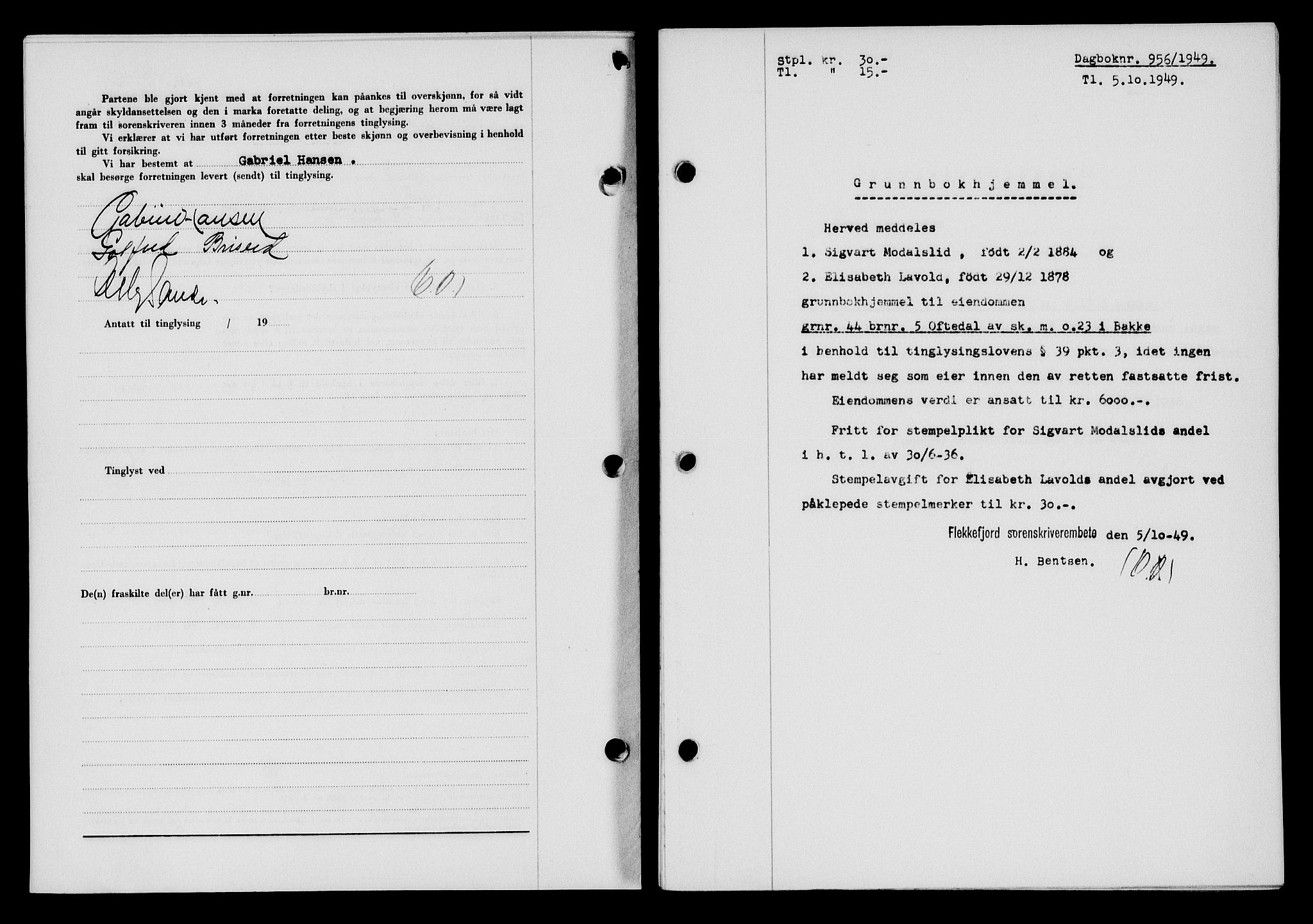 Flekkefjord sorenskriveri, SAK/1221-0001/G/Gb/Gba/L0065: Mortgage book no. A-13, 1949-1949, Diary no: : 956/1949
