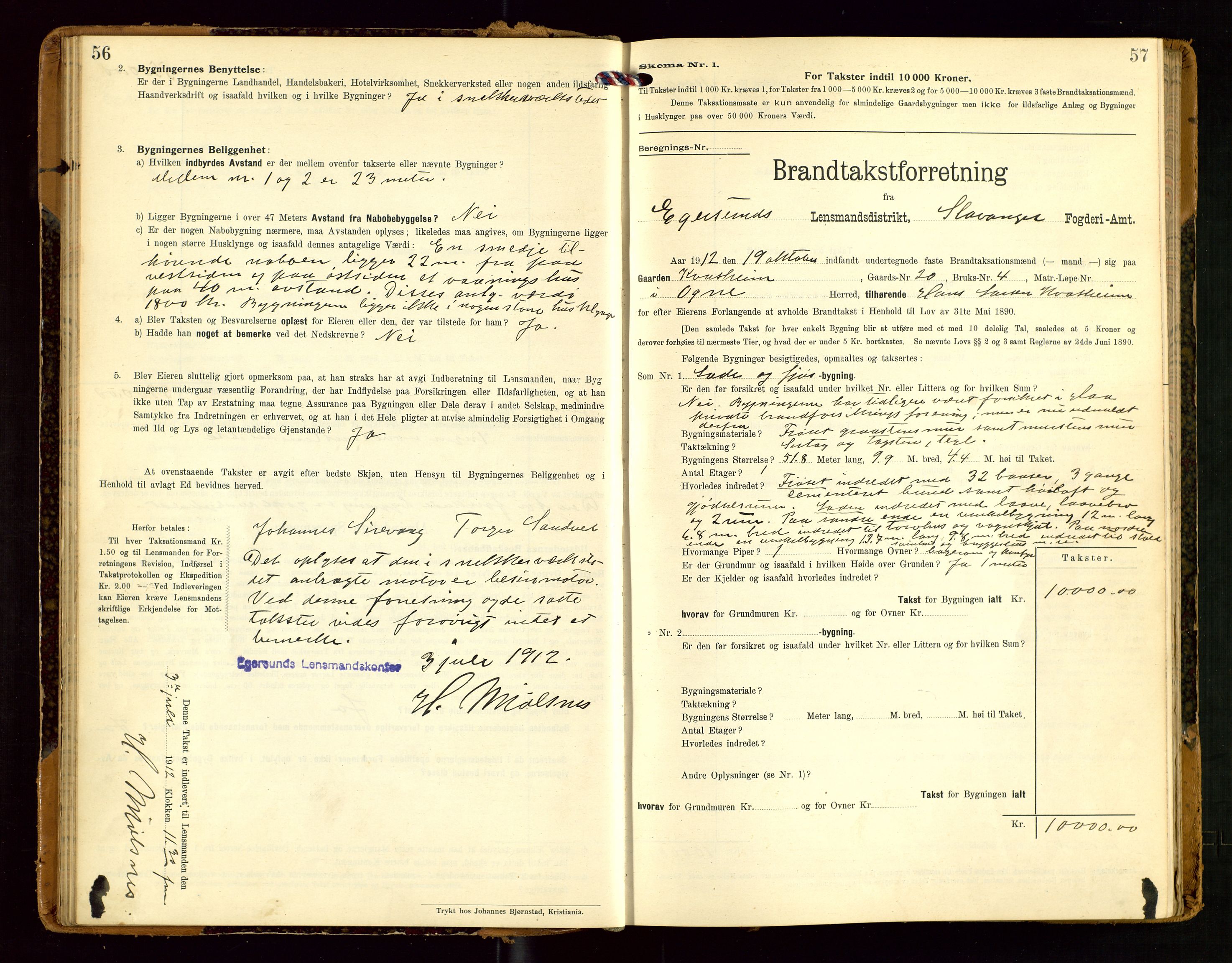 Eigersund lensmannskontor, SAST/A-100171/Gob/L0002: "Brandtakstprotokol", 1910-1916, p. 56-57