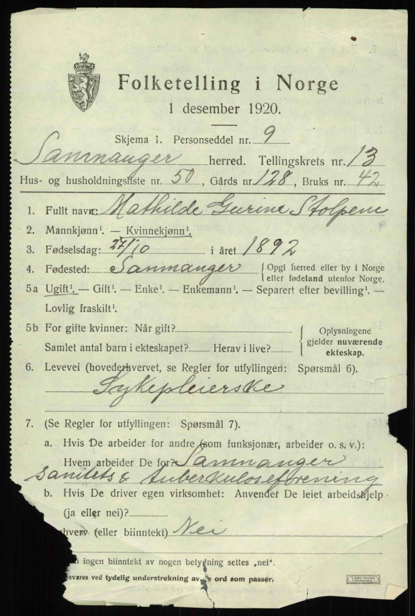 SAB, 1920 census for Samnanger, 1920, p. 5883