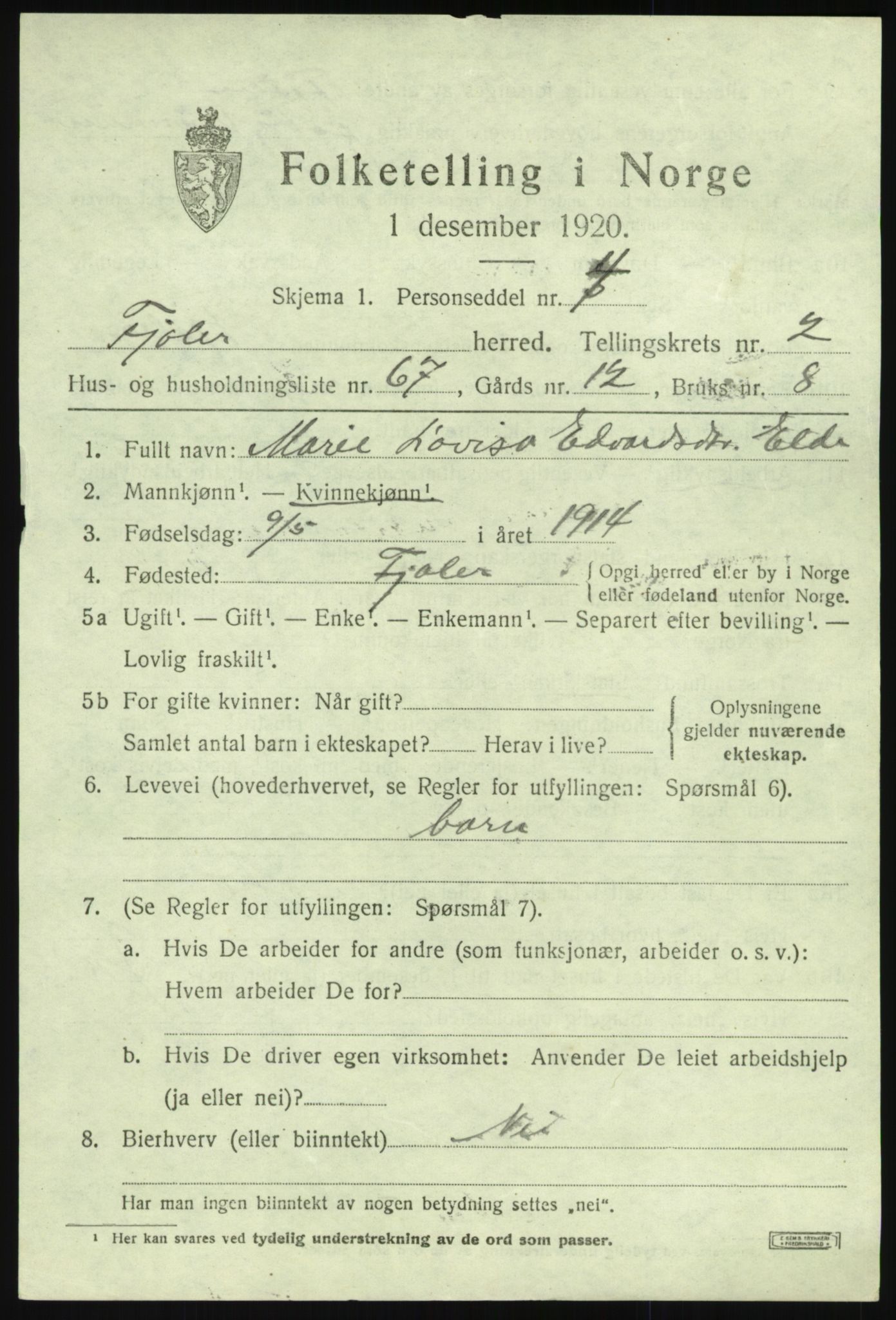 SAB, 1920 census for Fjaler, 1920, p. 2661