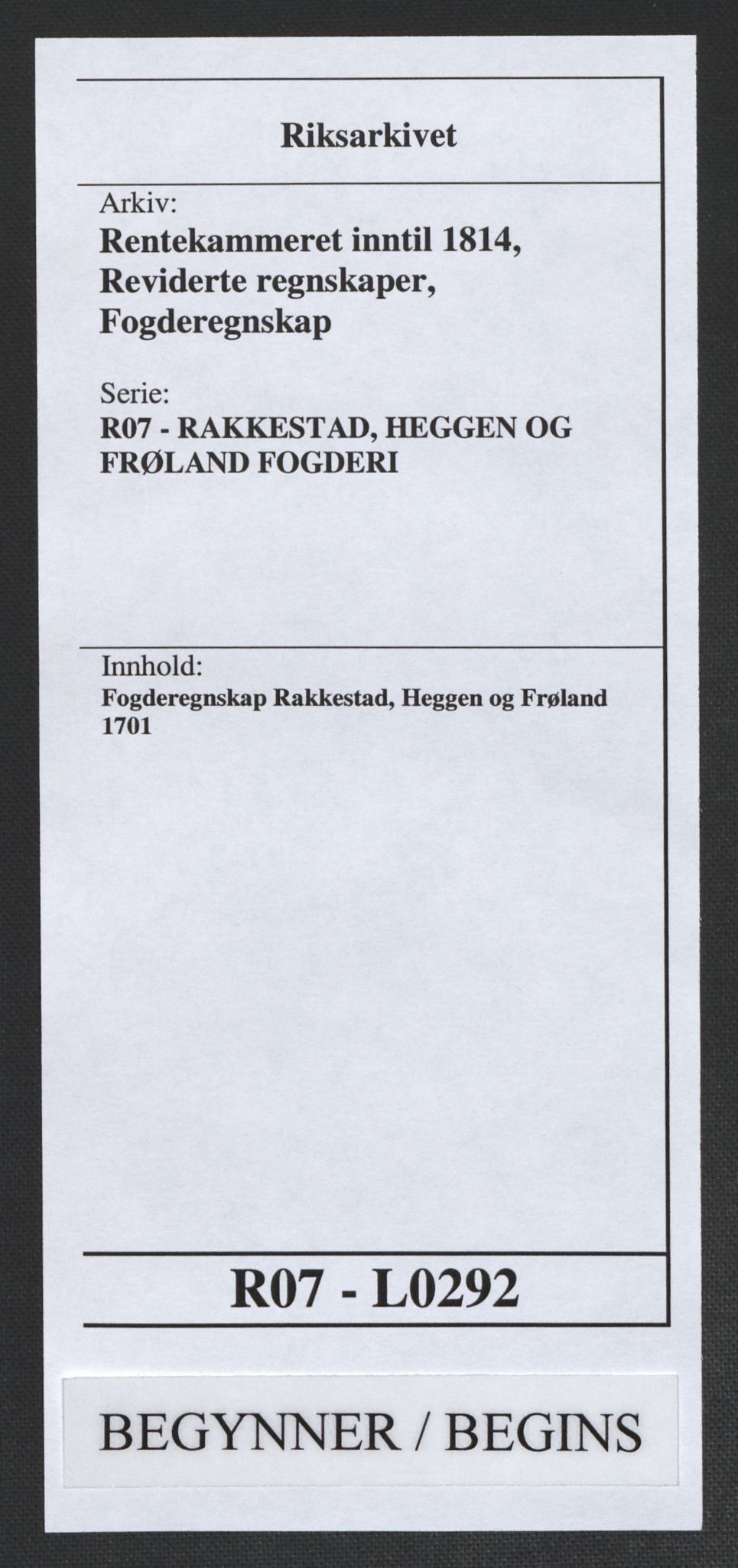 Rentekammeret inntil 1814, Reviderte regnskaper, Fogderegnskap, AV/RA-EA-4092/R07/L0292: Fogderegnskap Rakkestad, Heggen og Frøland, 1701, p. 1