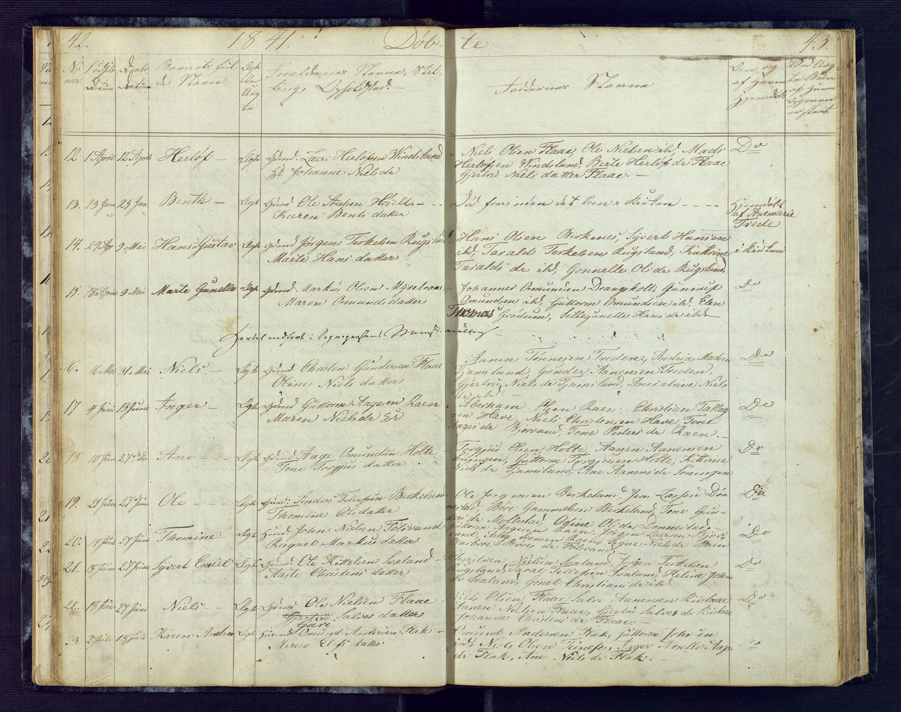 Birkenes sokneprestkontor, SAK/1111-0004/F/Fb/L0001: Parish register (copy) no. B 1, 1837-1856, p. 42-43